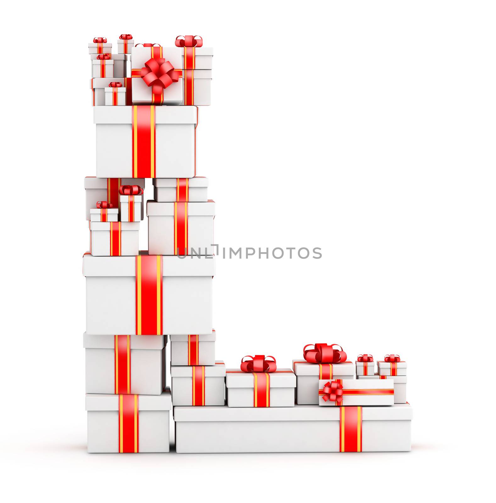 Letter L boxes of gifts decorated with red ribbons