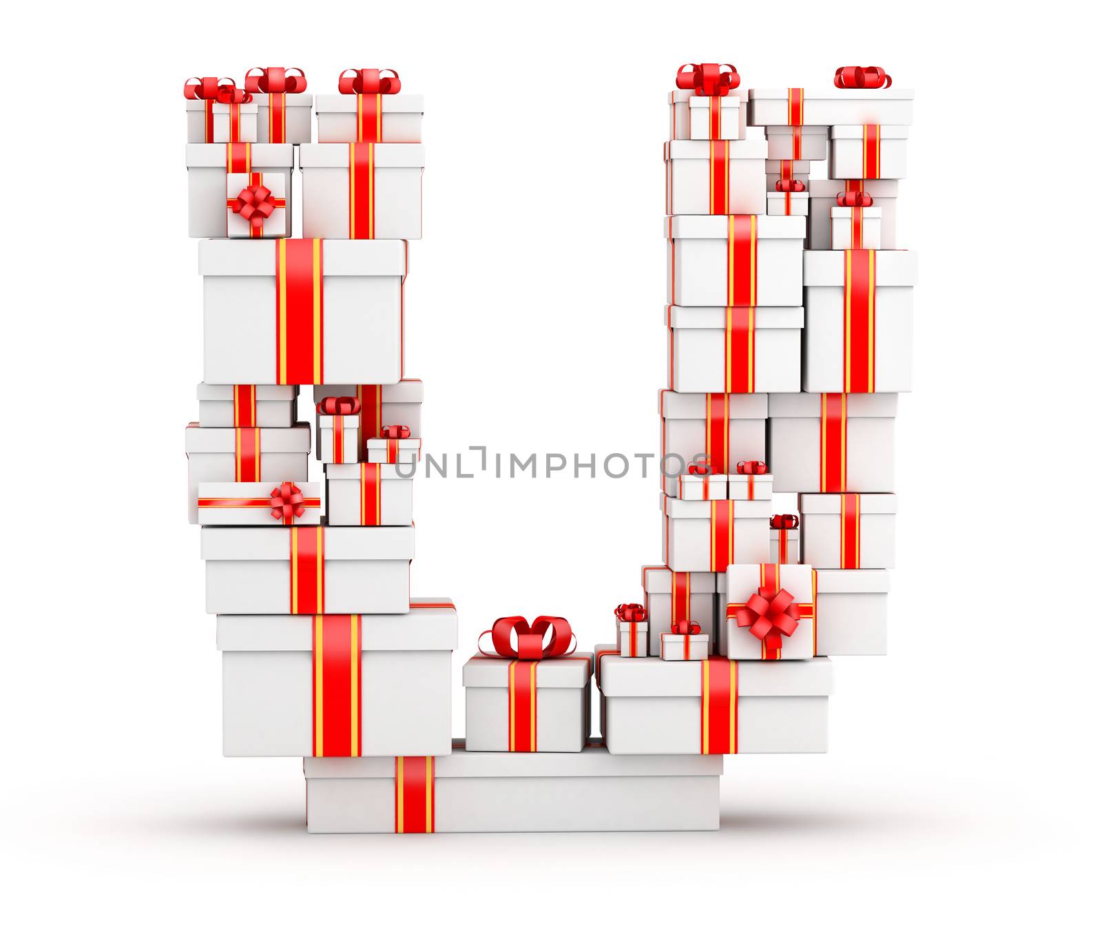 Letter U from boxes of gifts decorated with red ribbons by iunewind