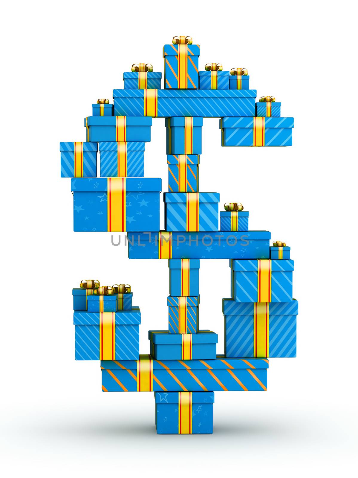 Dollar  sign  from blue gift boxes decorated with yellow ribbons