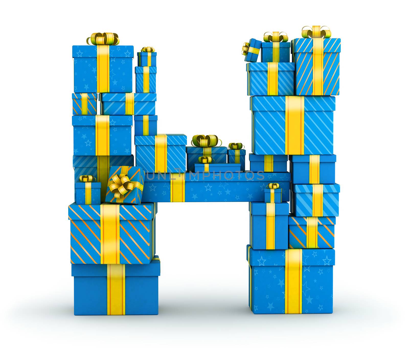 Letter H from blue gift boxes decorated with yellow ribbons
