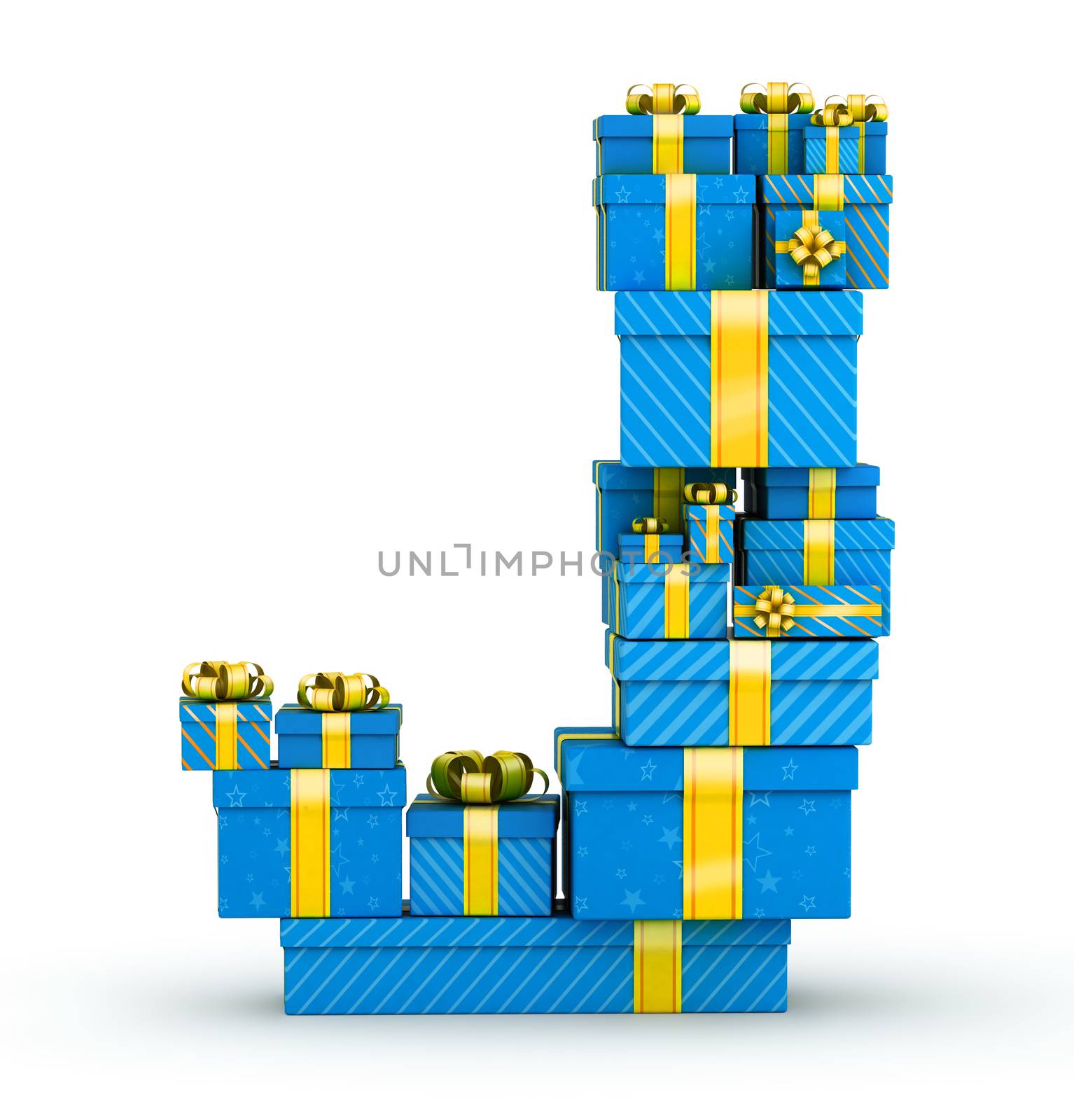 Letter J from blue gift boxes decorated with yellow ribbons