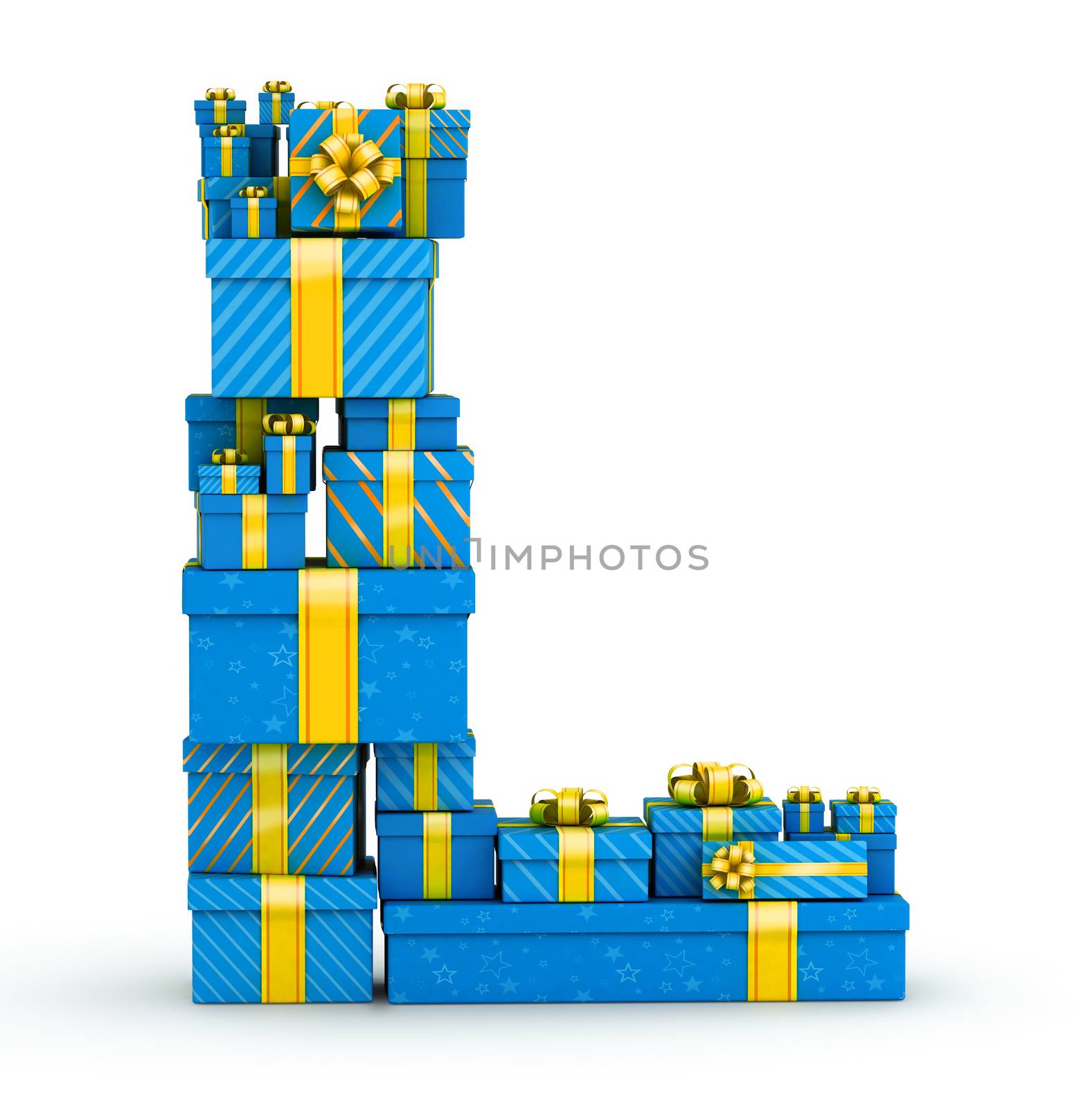 Letter L from blue gift boxes decorated with yellow ribbons