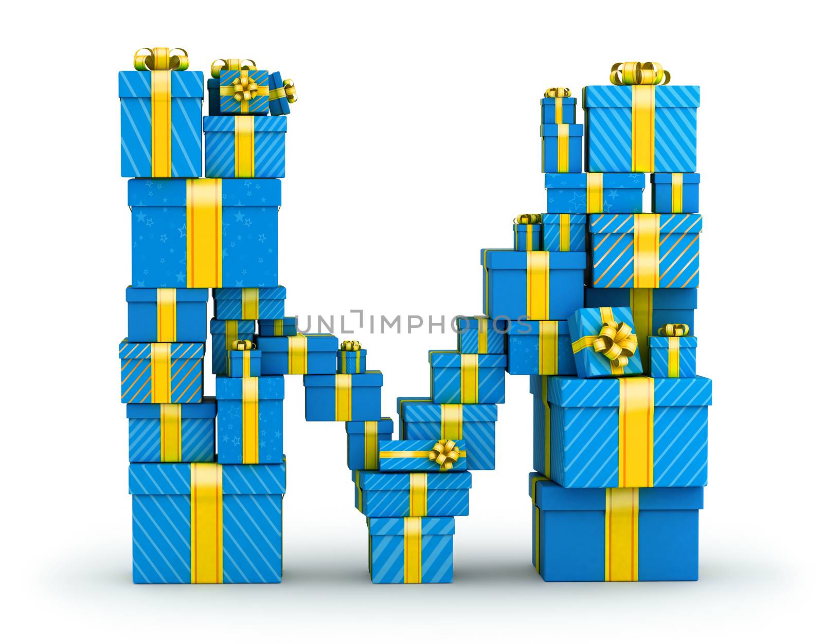 Letter M from blue gift boxes decorated with yellow ribbons