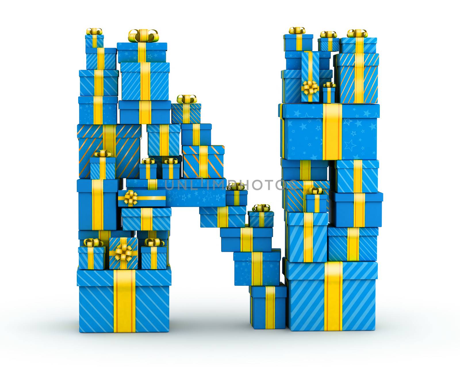 Letter N from blue gift boxes decorated with yellow ribbons