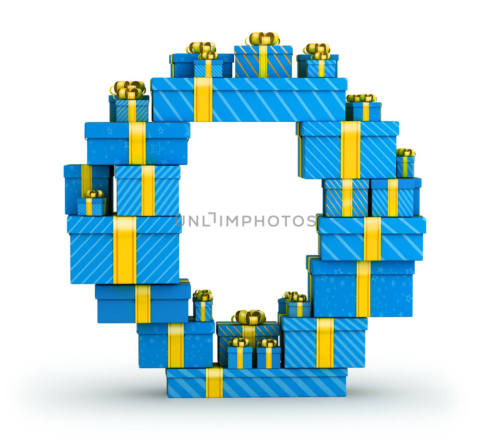 Letter O from blue gift boxes decorated with yellow ribbons