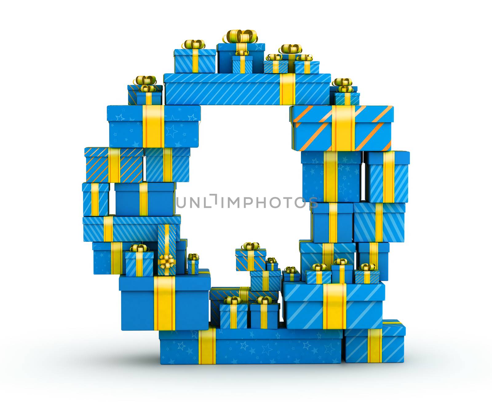 Letter Q from blue gift boxes decorated with yellow ribbons