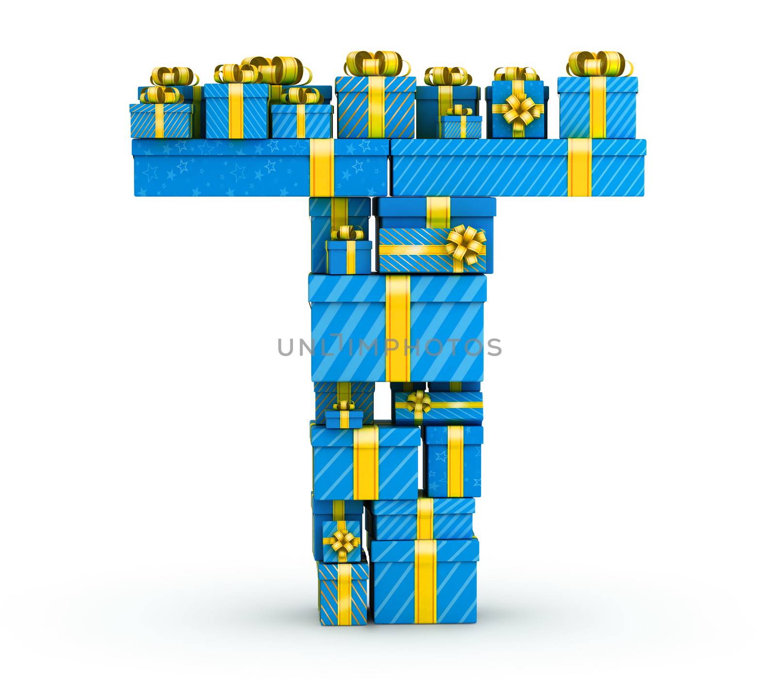 Letter T from blue gift boxes decorated with yellow ribbons