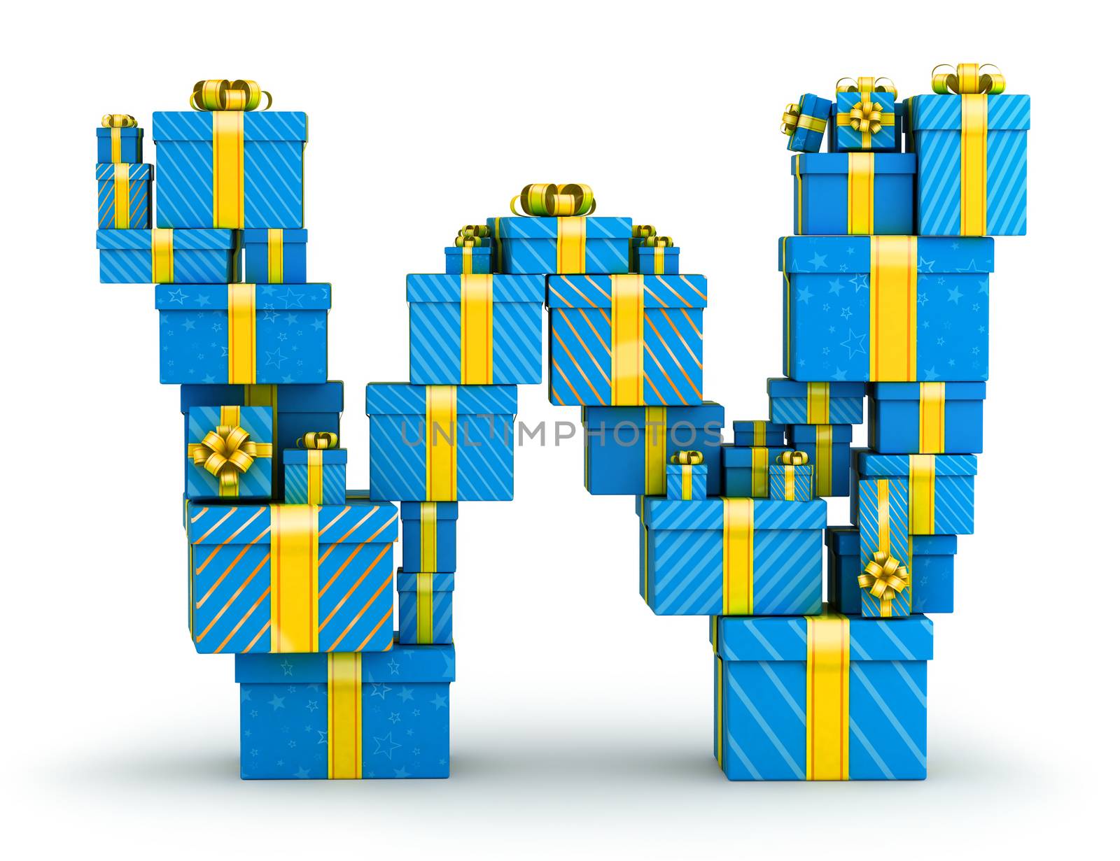 Letter W from blue gift boxes decorated with yellow ribbons