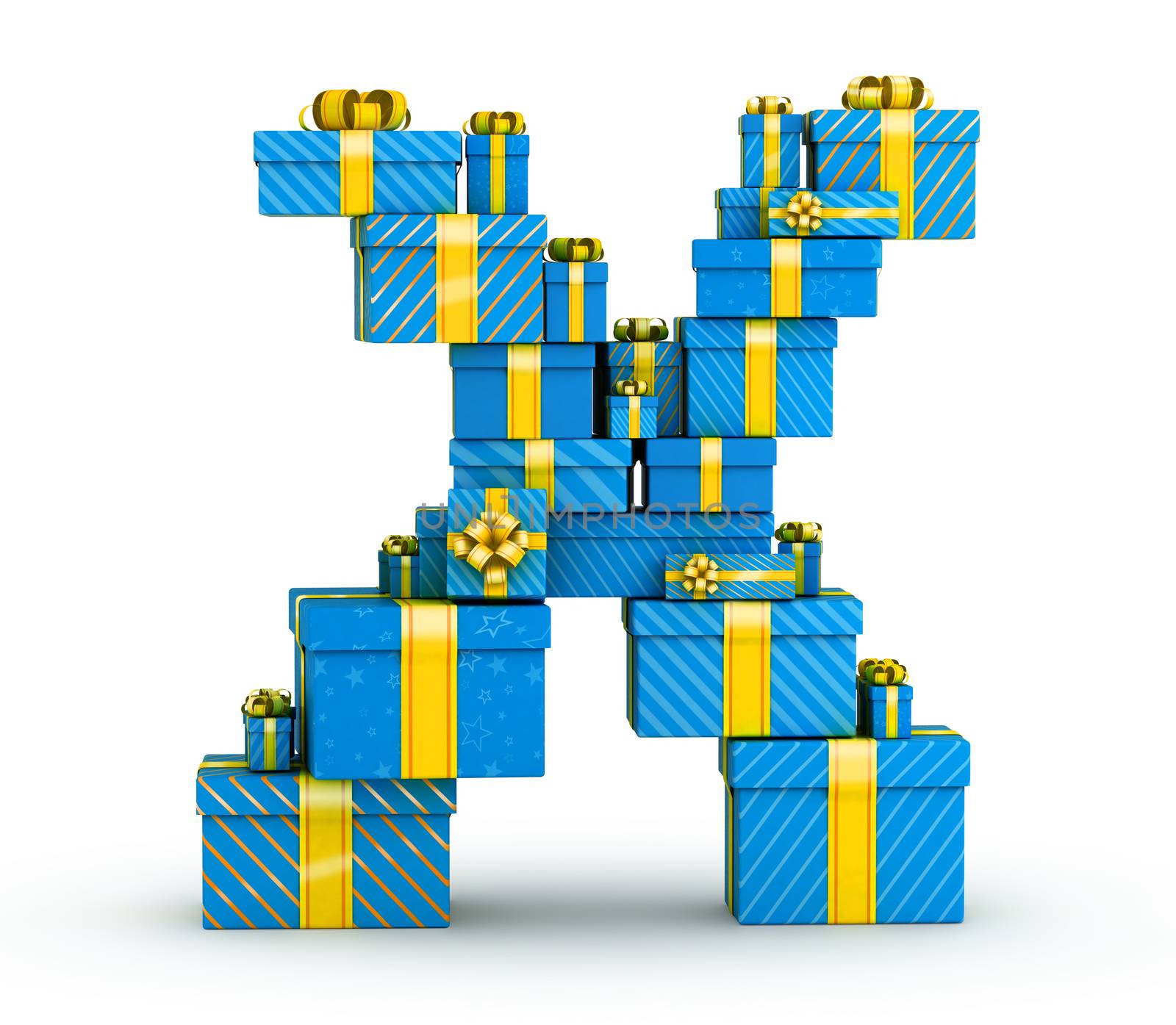 Letter X from blue gift boxes decorated with yellow ribbons