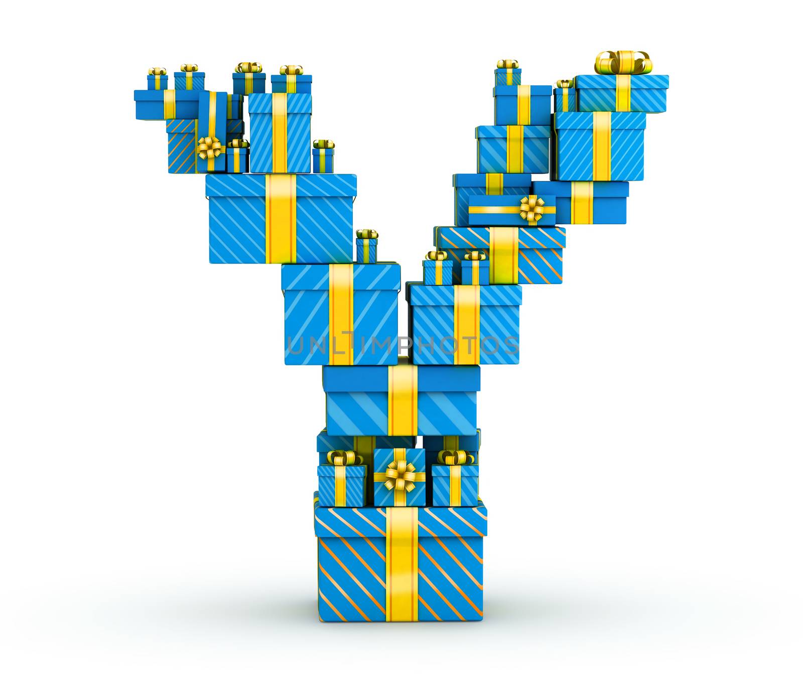 Letter Y from blue gift boxes decorated with yellow ribbons