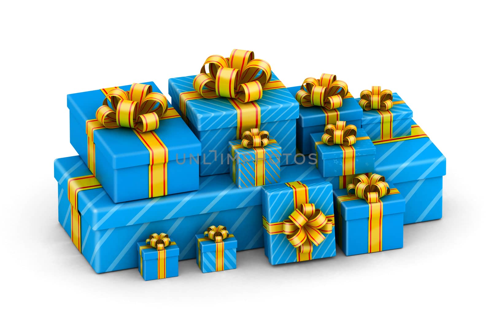 Pile of blue gift boxes with orange ribbon