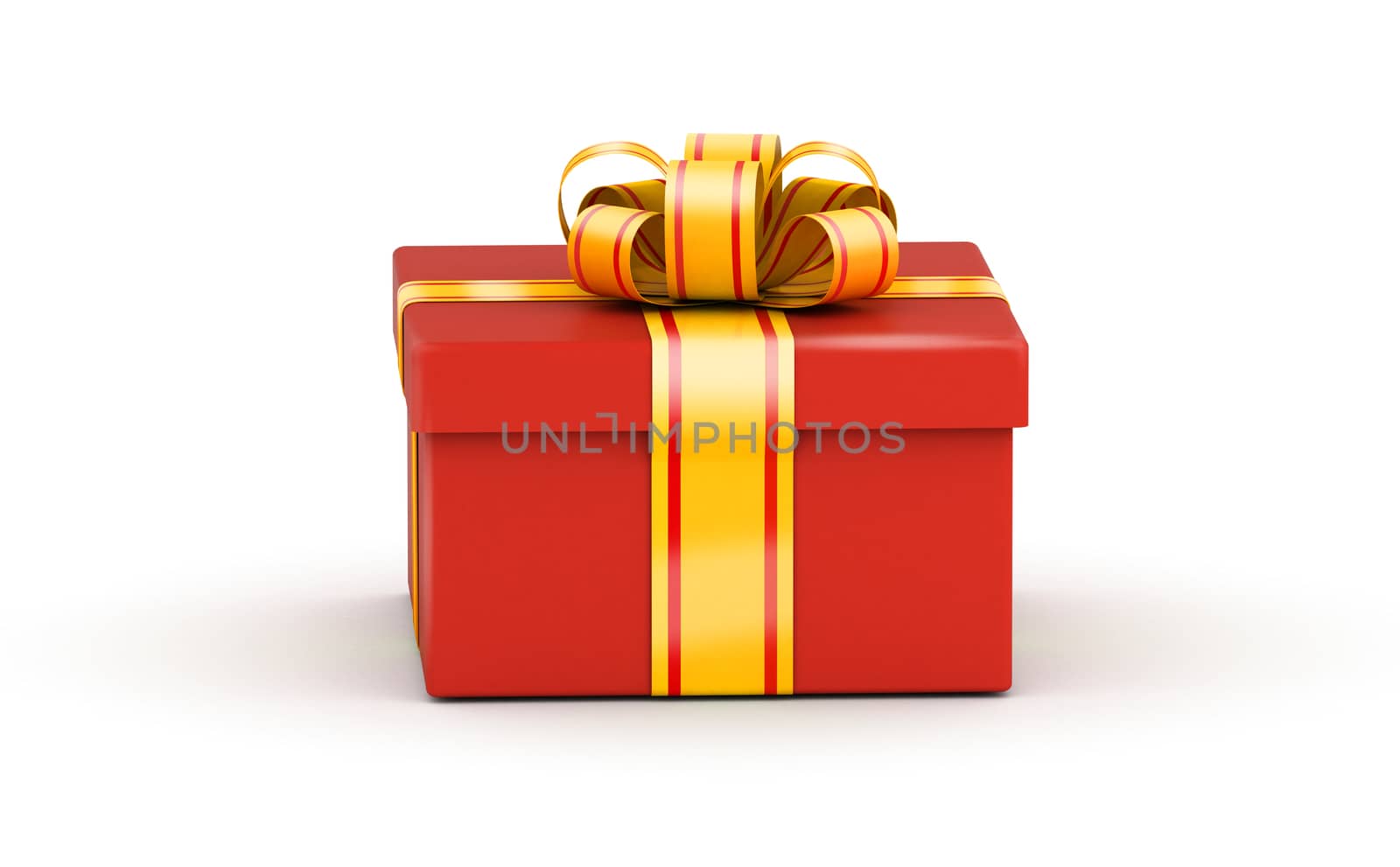 Square red gift box with yellow ribbons on white background
