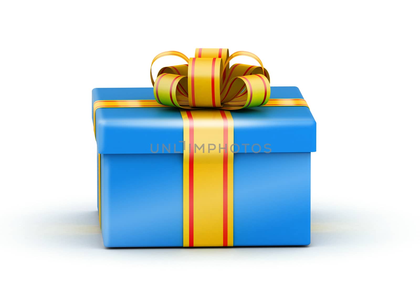 Square blue gift box with yellow ribbons on white background