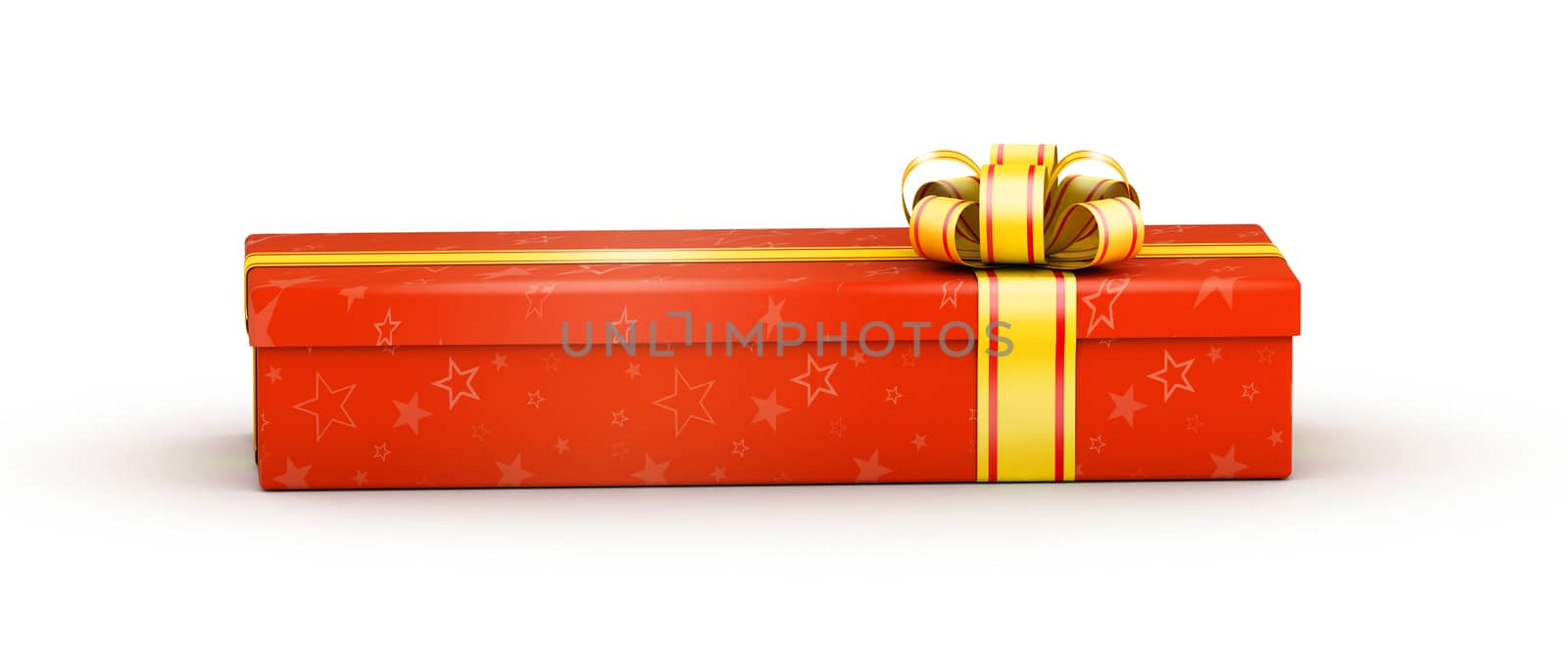 Long red gift box with yellow ribbons on white background