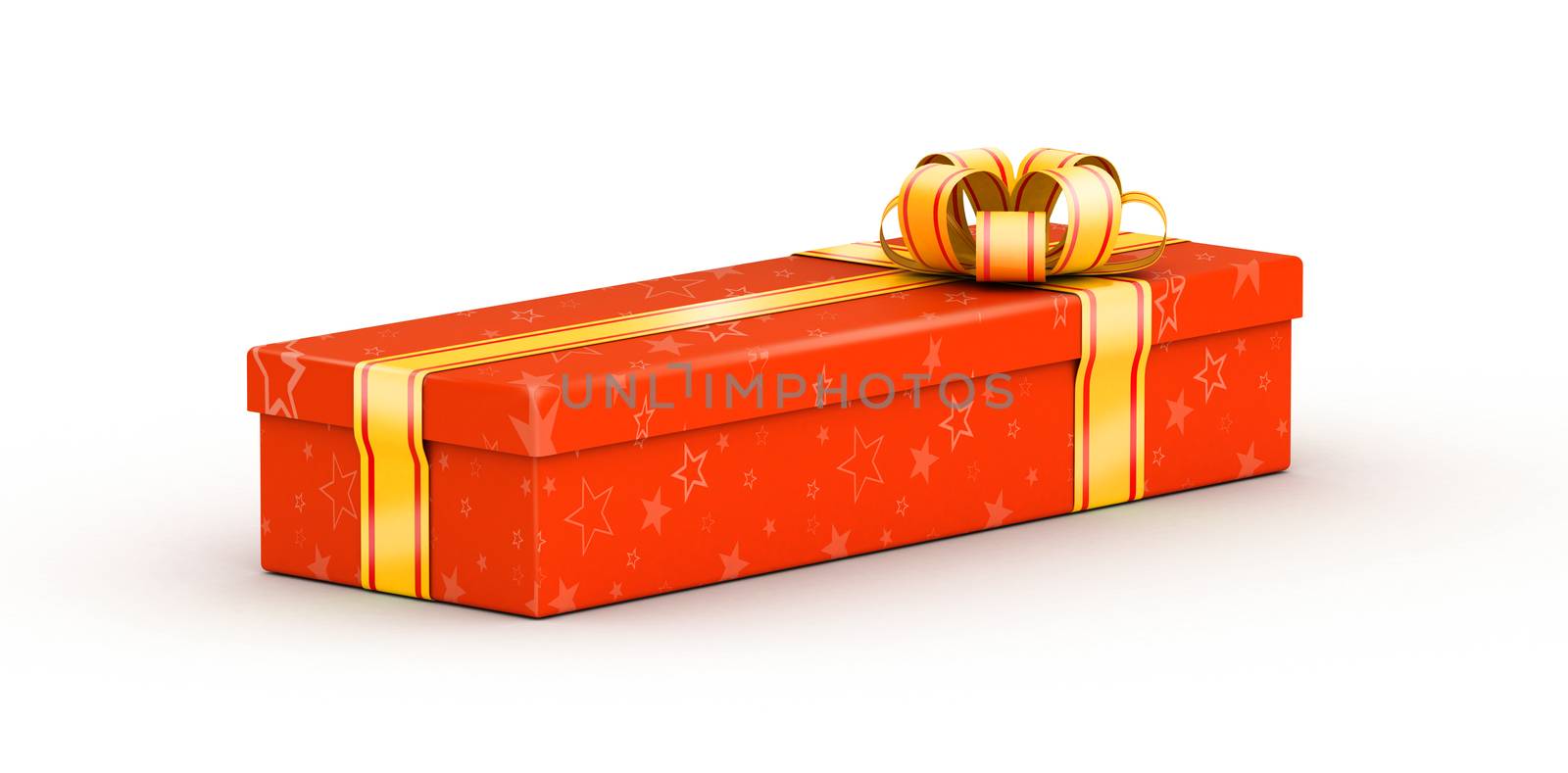 Long red gift box with yellow ribbons on white background