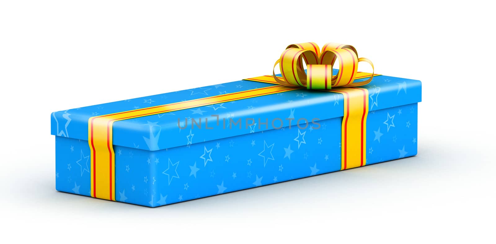 Long blue gift box with yellow ribbons on white background