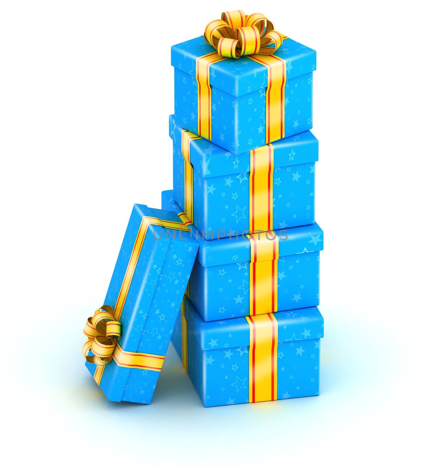 Stack of five blue gift boxes with gold ribbon