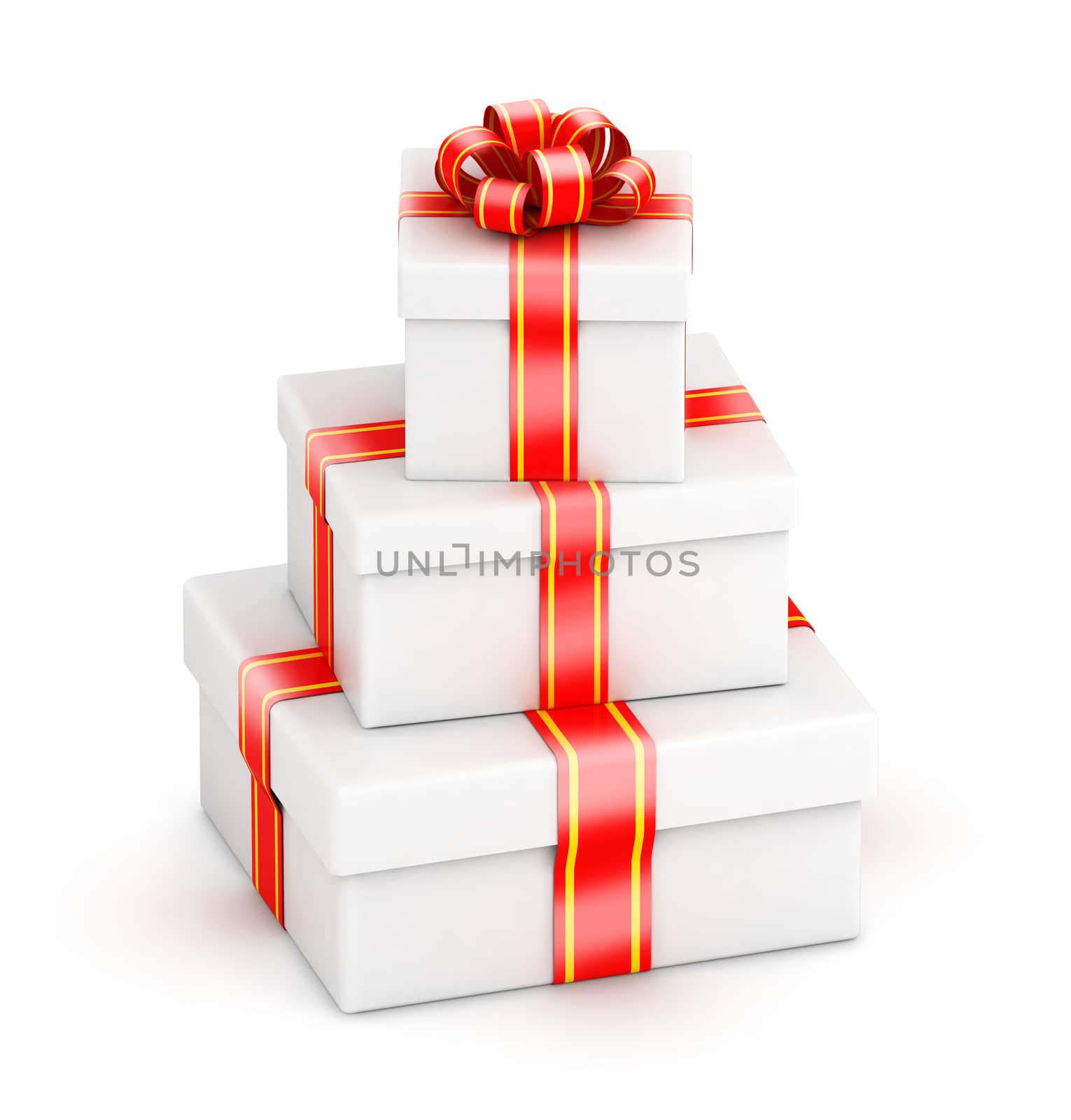 Stack of white gift boxes with red ribbon