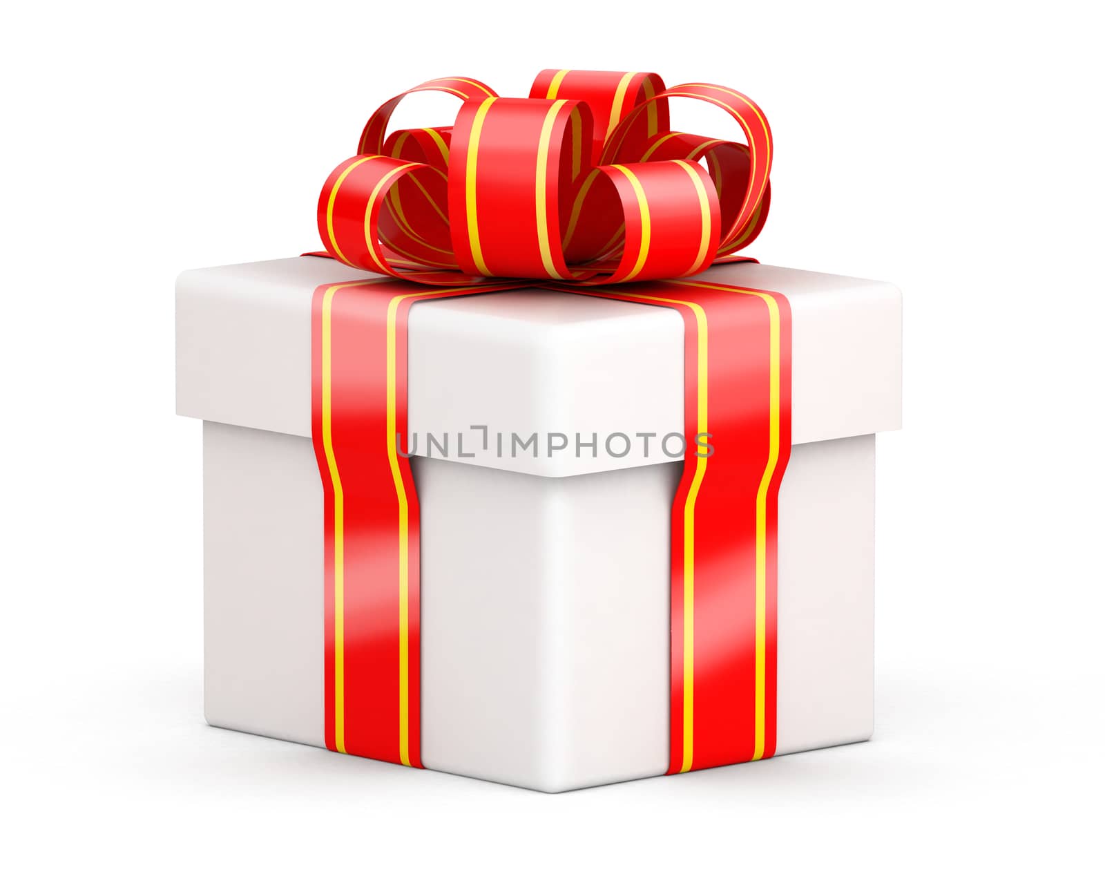 White gift box with red ribbons on white background closeup