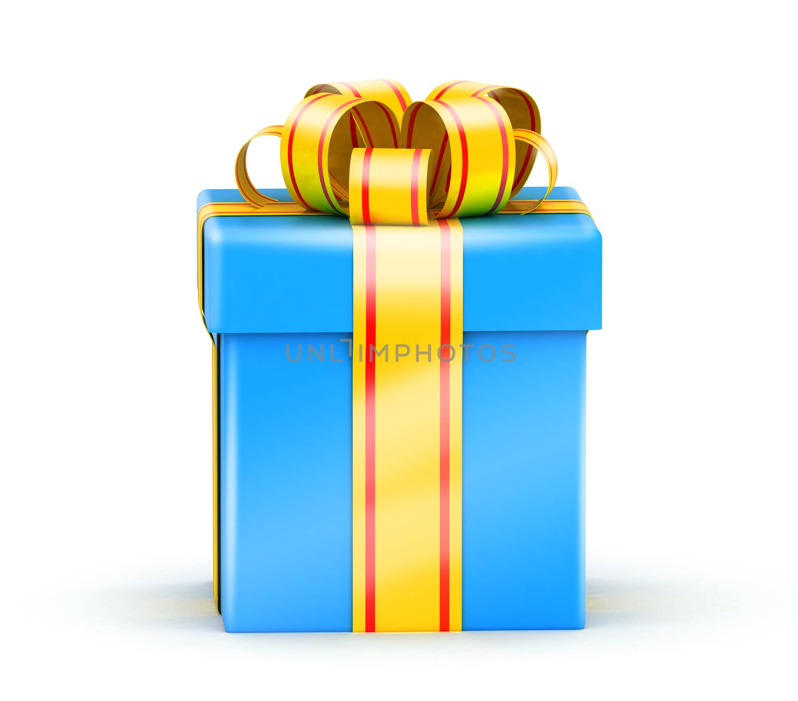 Front view on blue gift box with yellow ribbons on white background