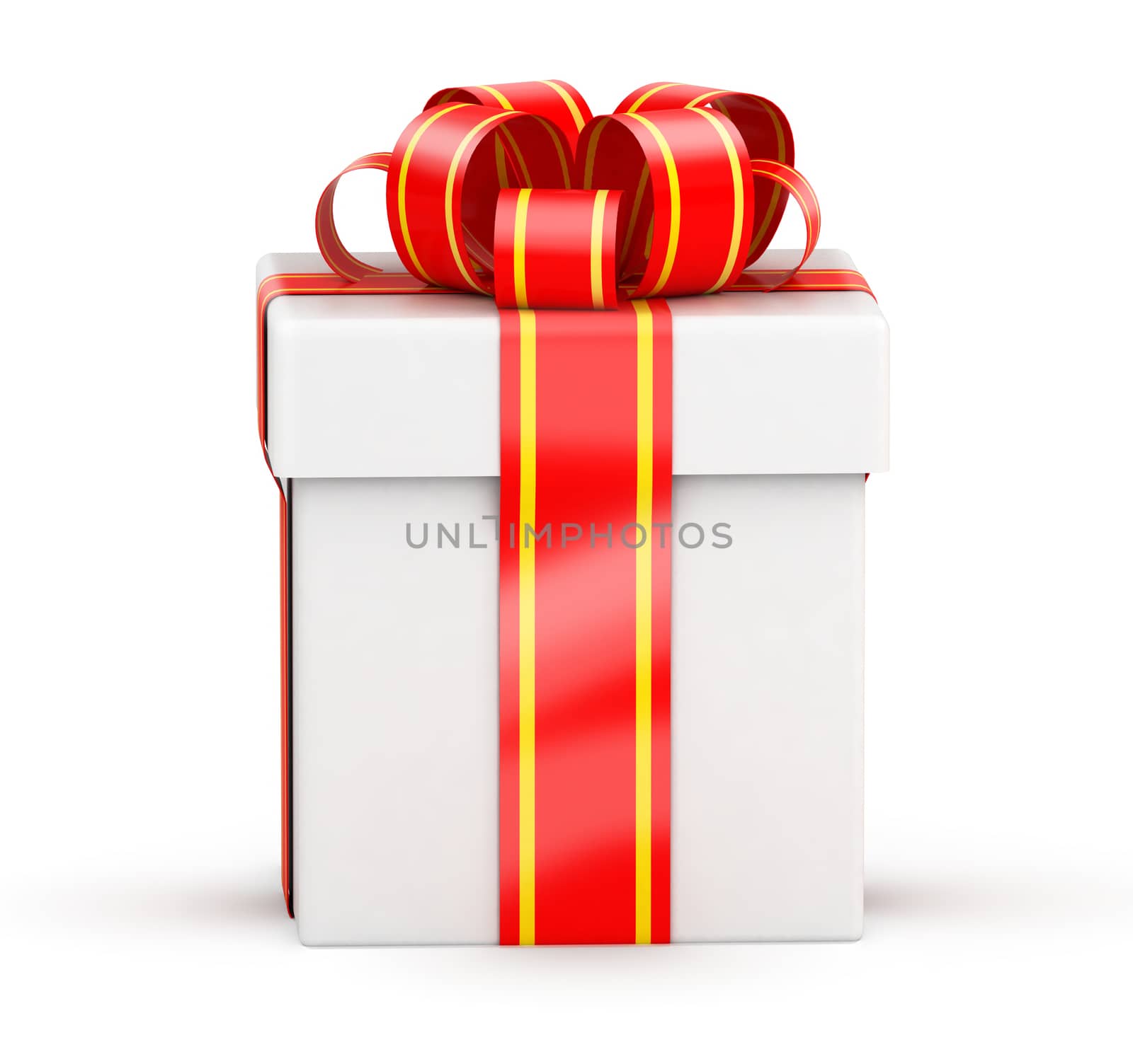 Front view on white gift box with yellow ribbons on white background