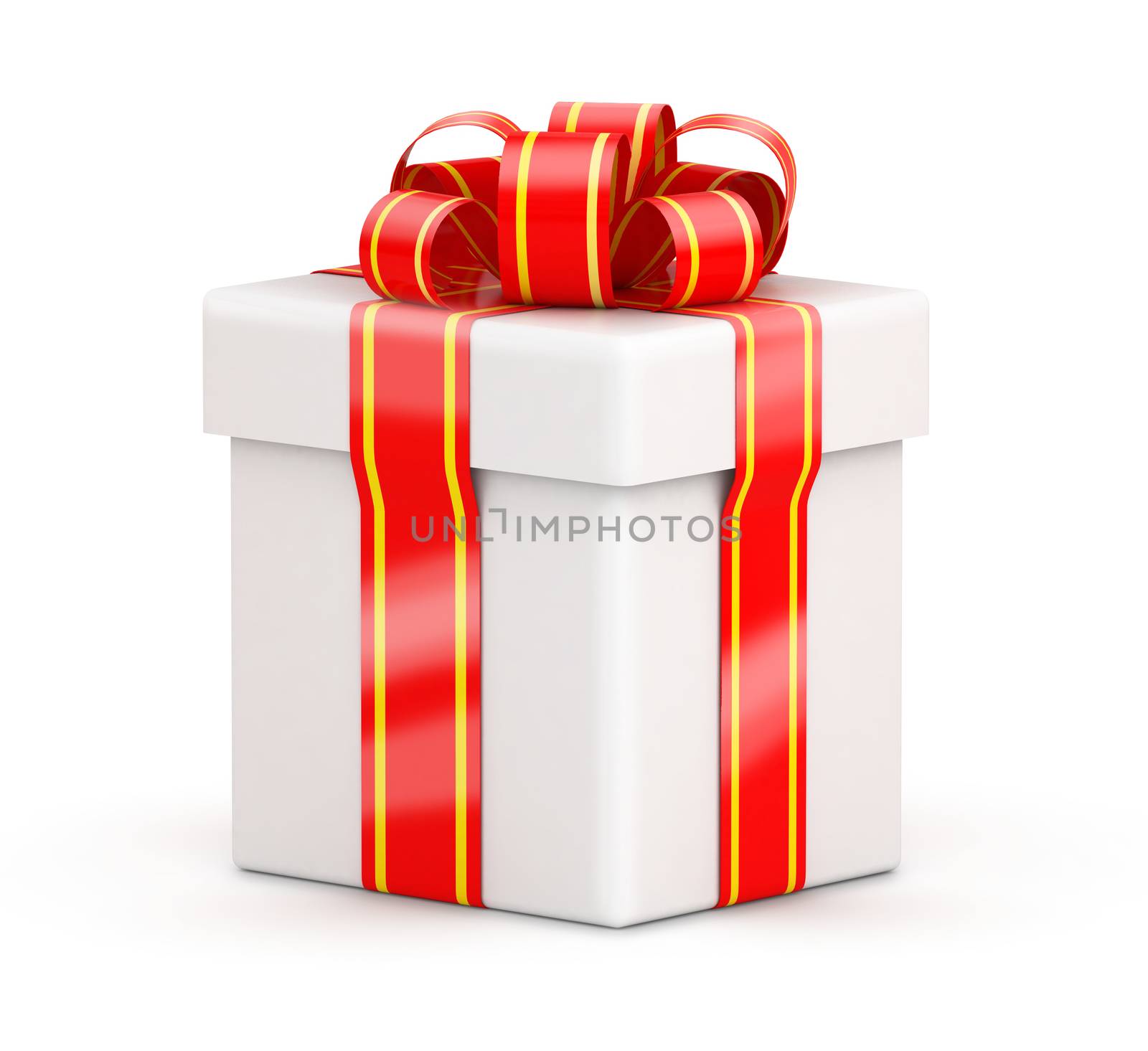 Isometric view on white gift box with red ribbons on white background