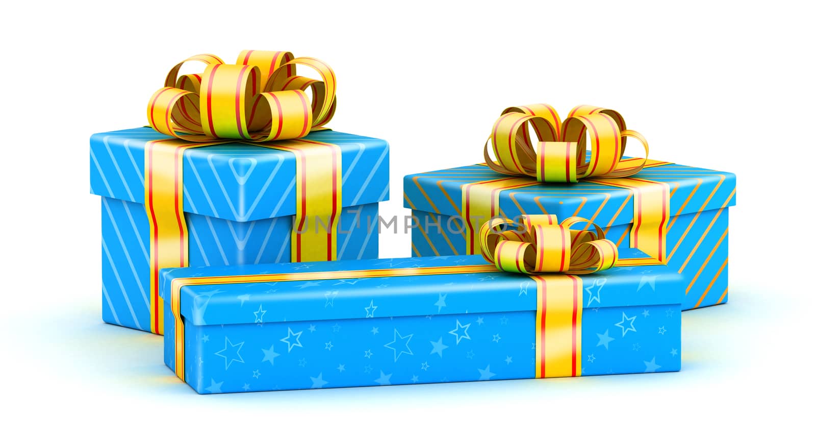 Three blue gift boxes with gold ribbon on white background