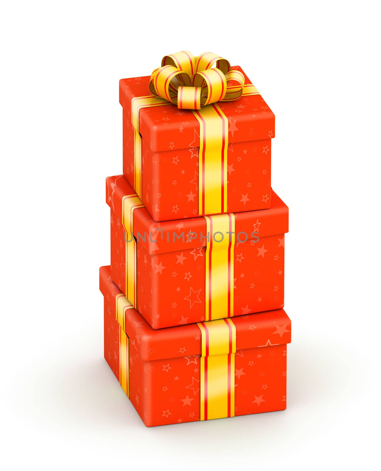 Stack of three red gift boxes with gold ribbon