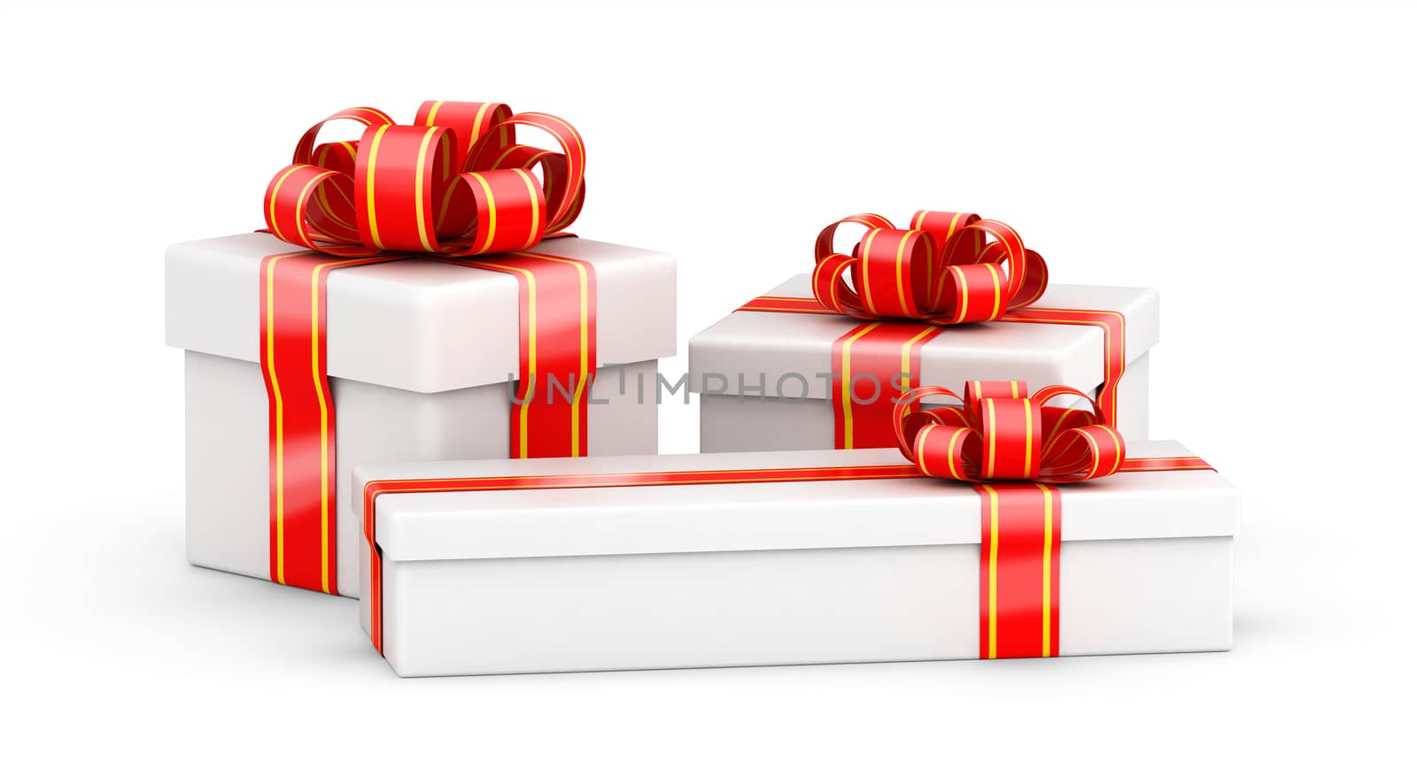 Three white gift boxes with red ribbon on white backgrounds