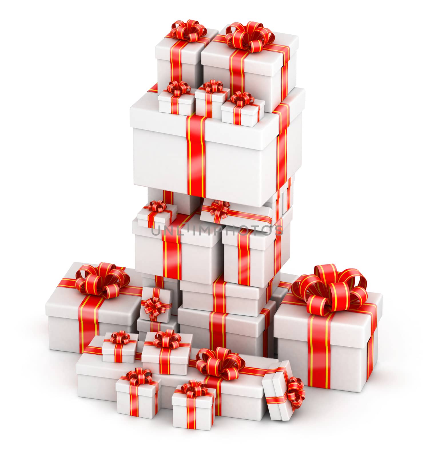 Big stacks of white gift boxes with red ribbon