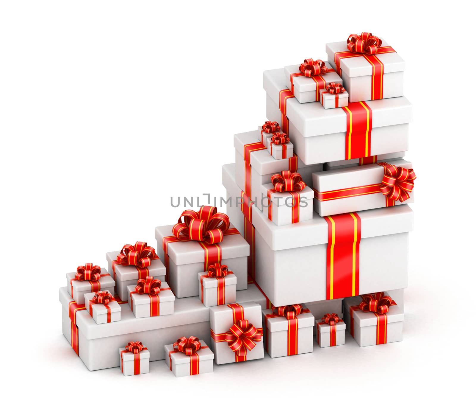 Corner pile of white gift boxes on white background