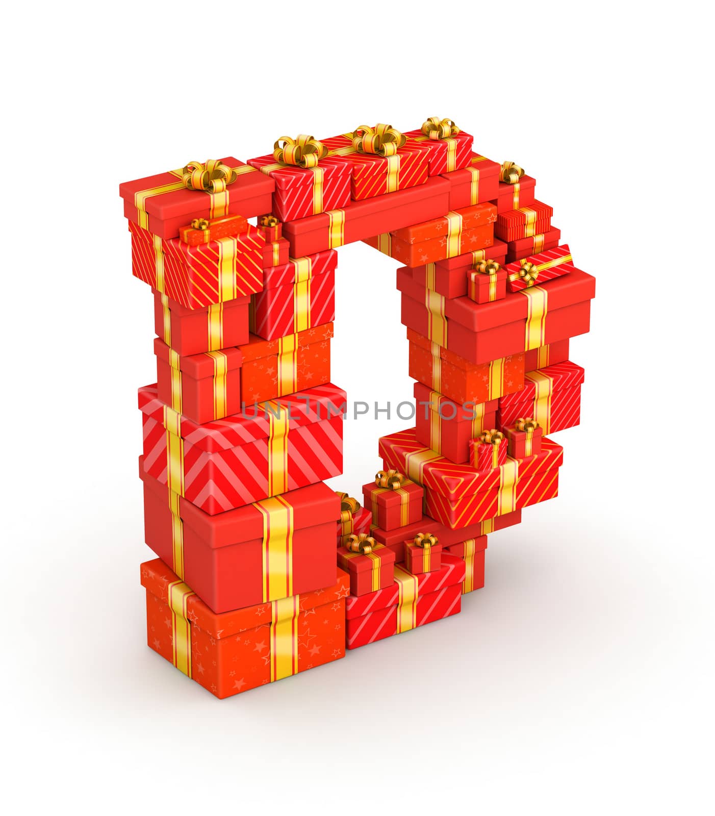 Letter D from gift boxes decorated with yellow ribbons isometry