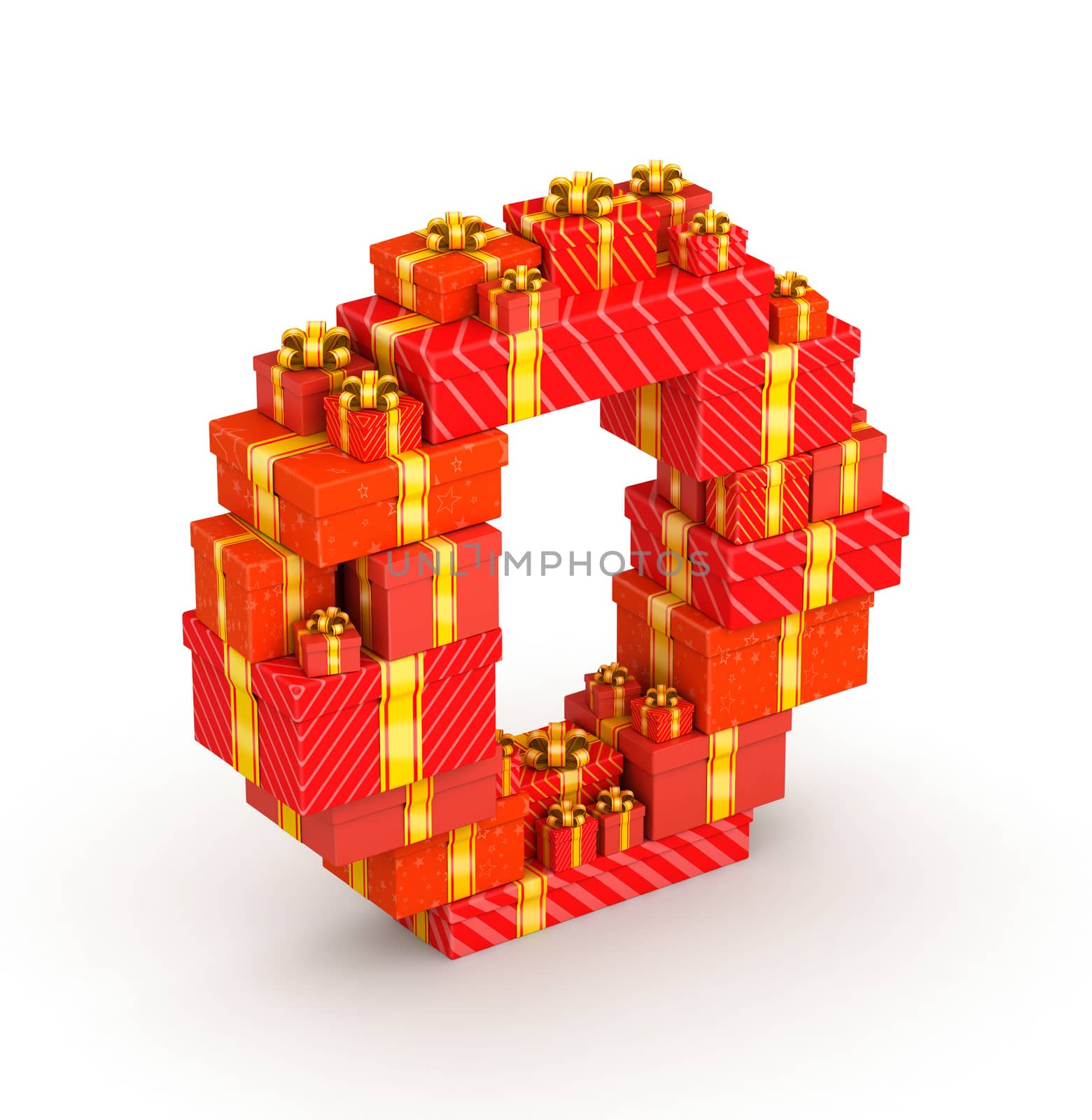 Letter O from gift boxes decorated with yellow ribbons isometry