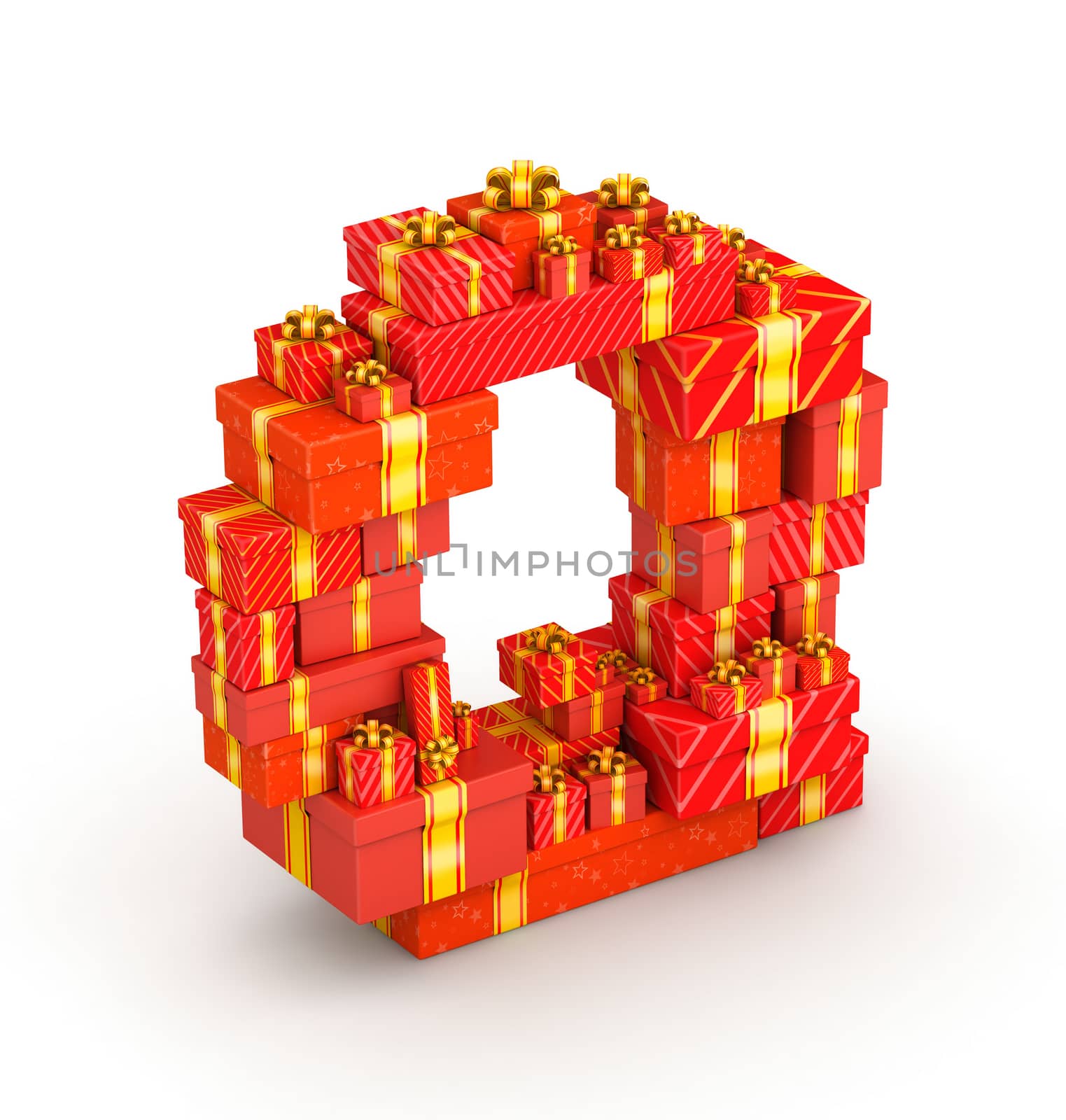 Letter Q from gift boxes decorated with yellow ribbons isometry