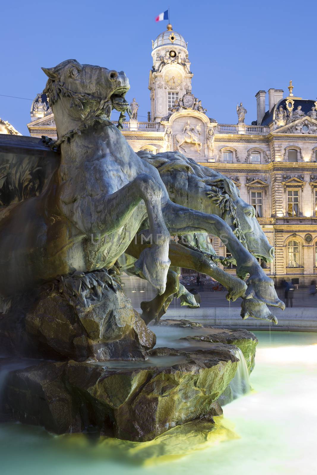 Vertical view of Bartholdi Fountain in Lyon by night, France