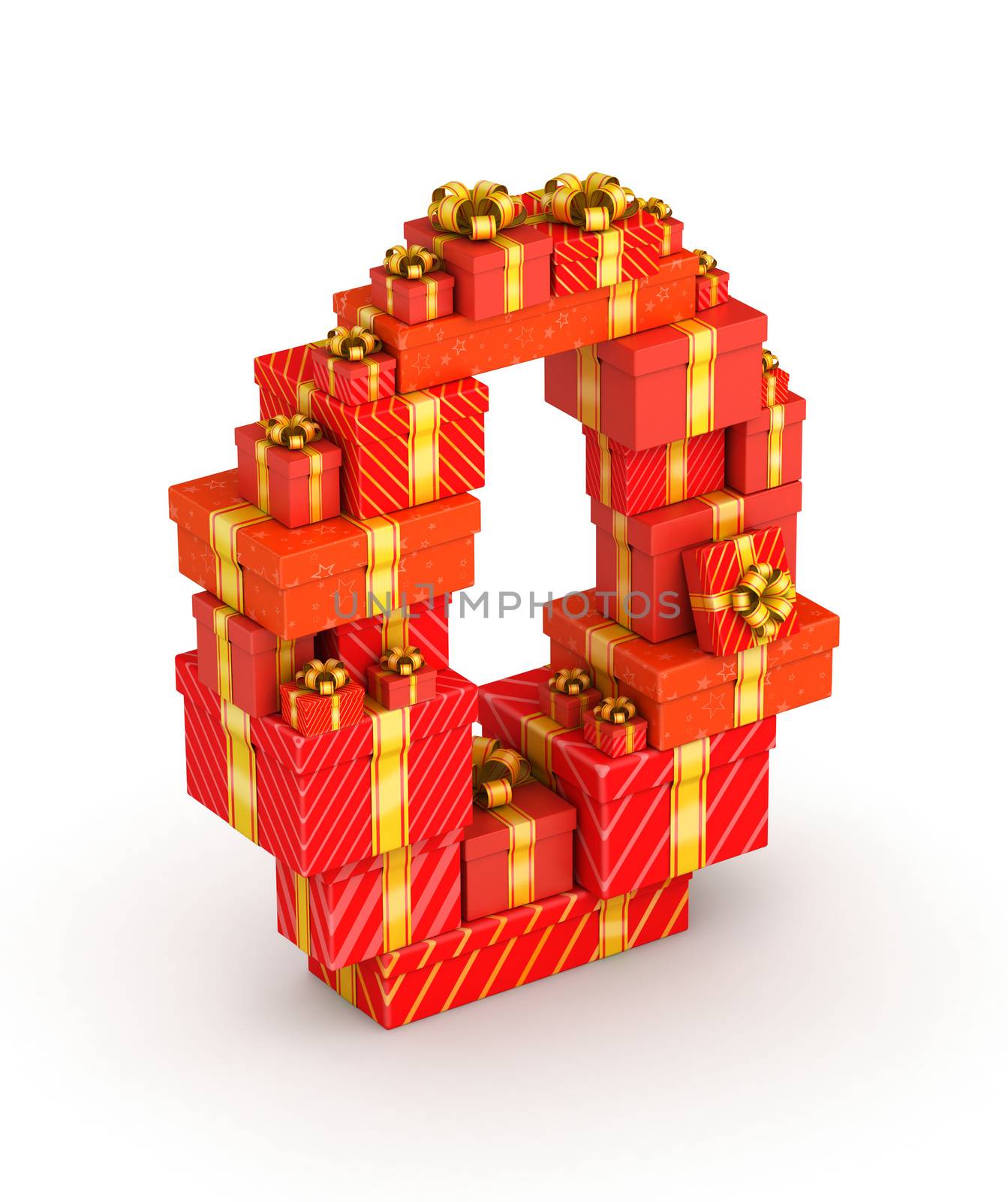 Number 0 from gift boxes in isometric decorated with yellow ribbons