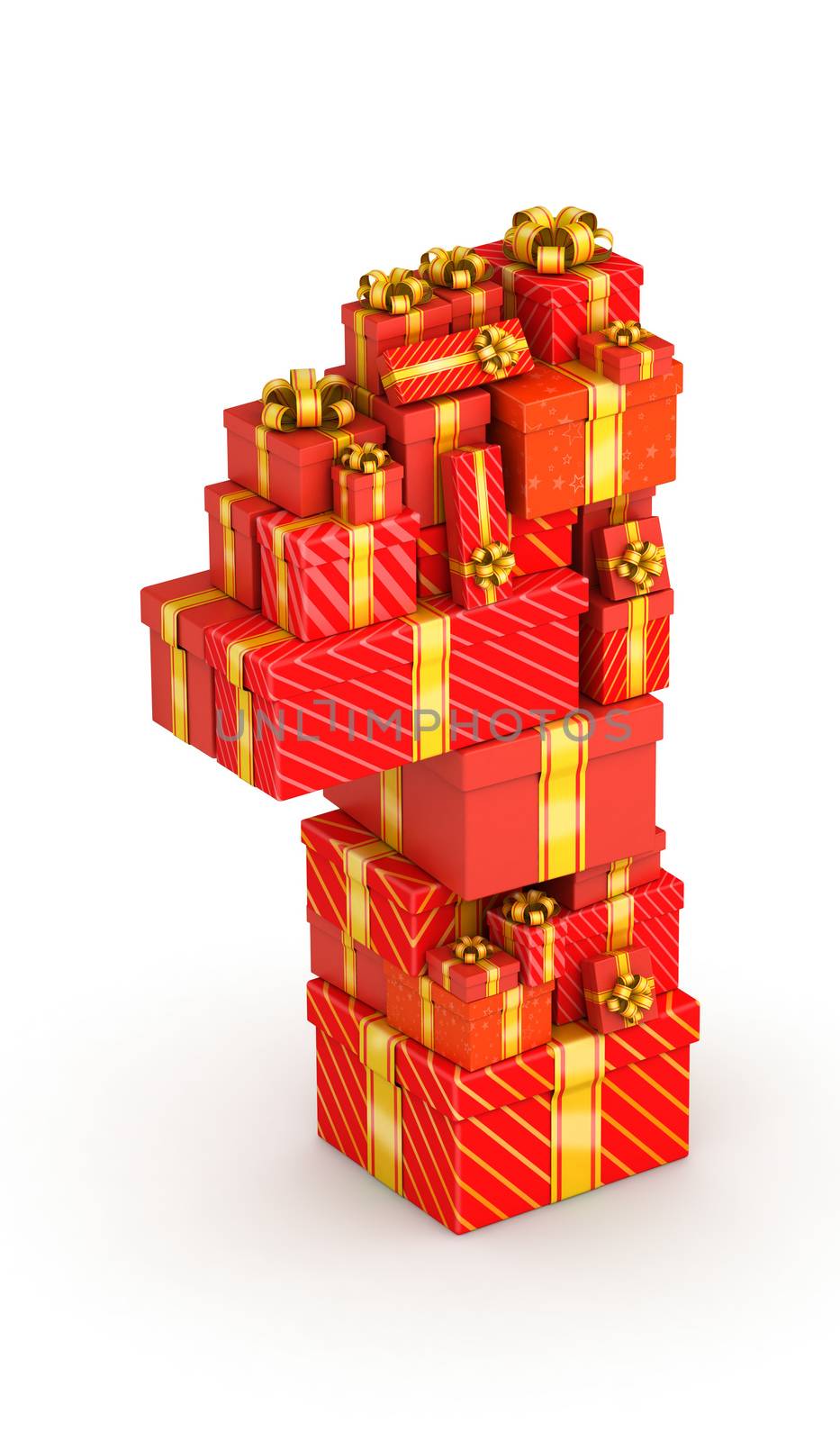 Number 1 from gift boxes in isometric decorated with yellow ribbons