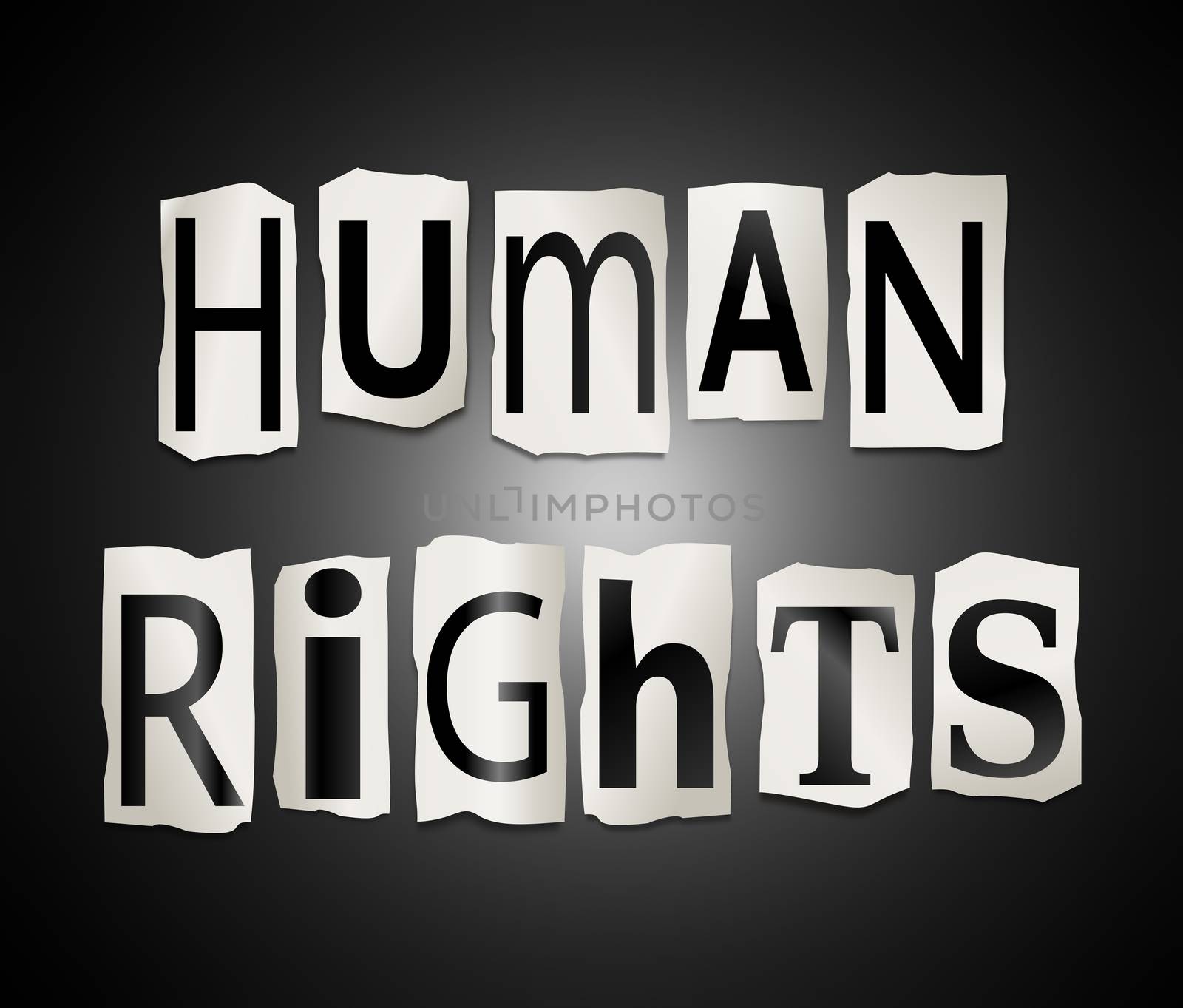 Illustration depicting a set of cut out printed letters arranged to form the words Human Rights.