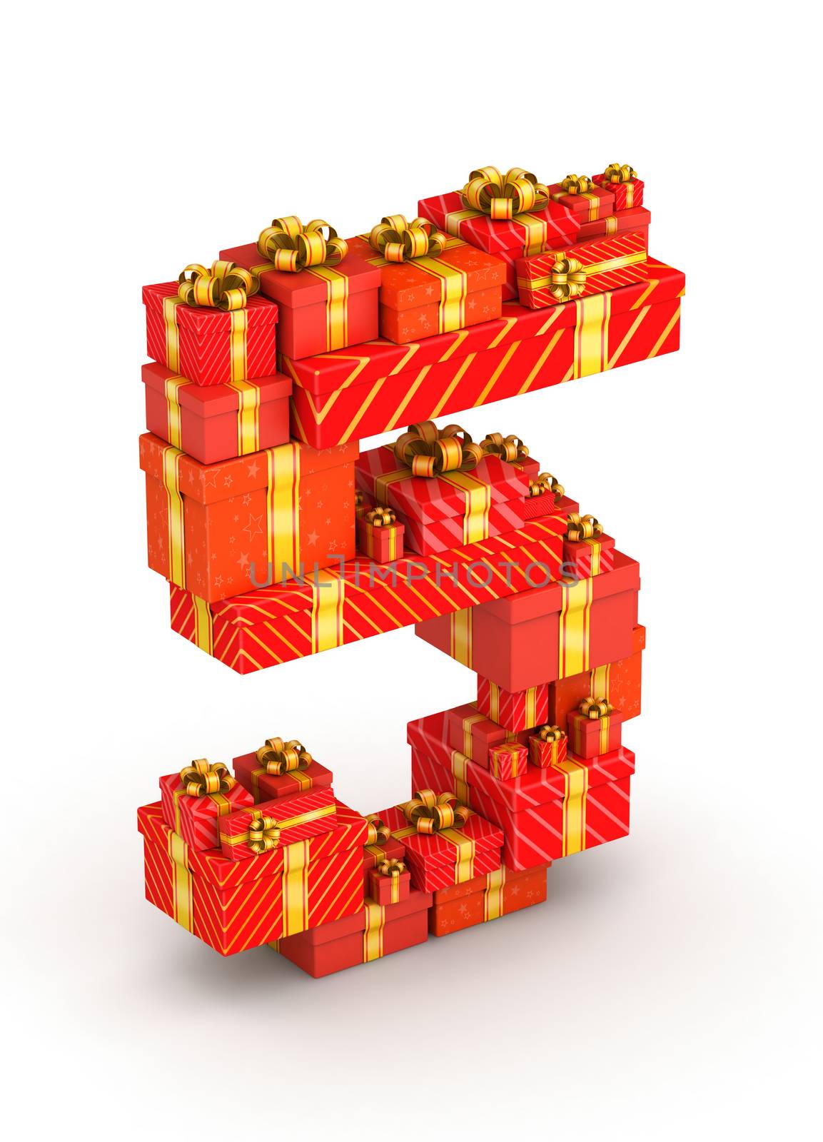 Number 5  from gift boxes in isometric decorated with yellow ribbons