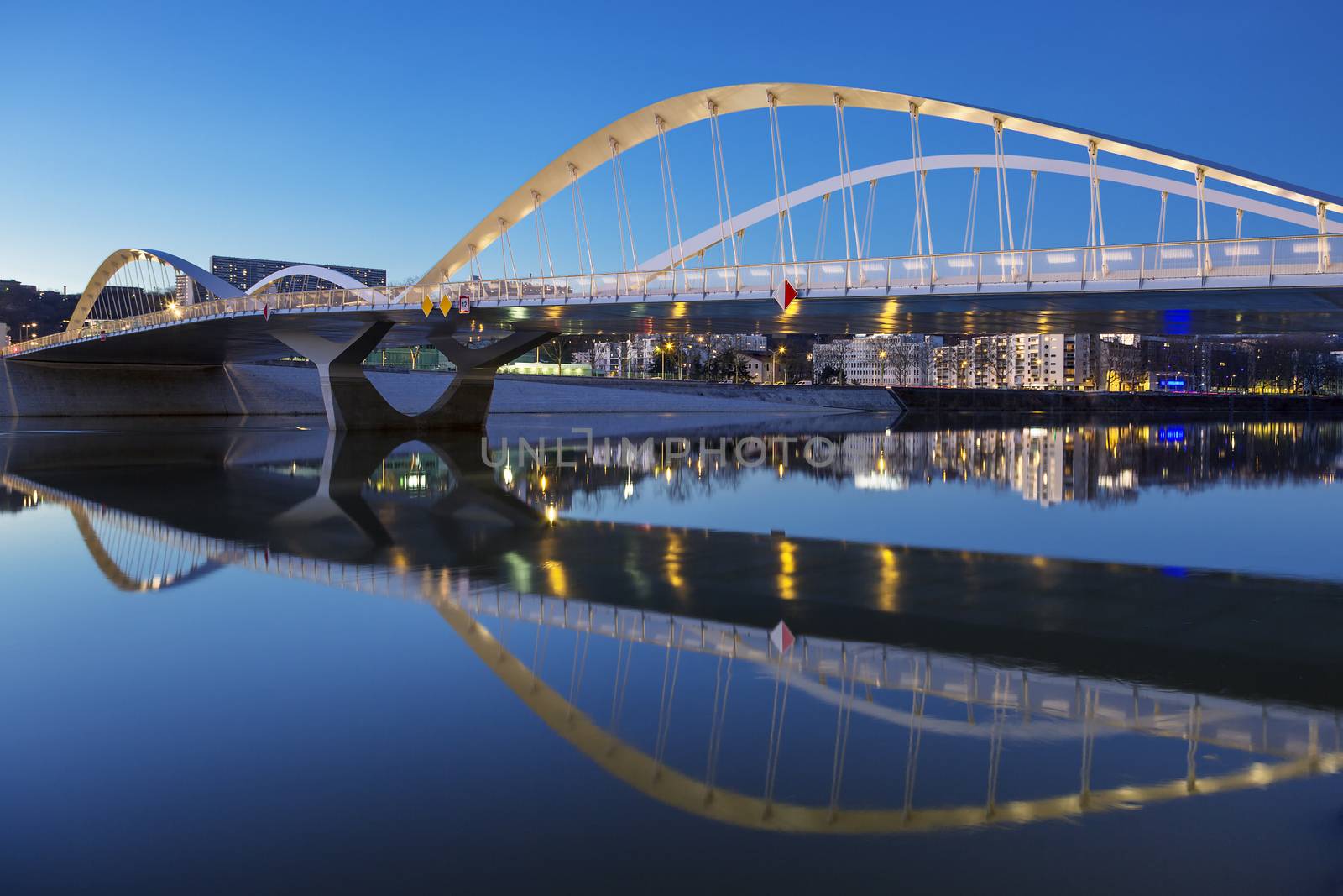 View of Schuman bridge by night, Lyon, France.