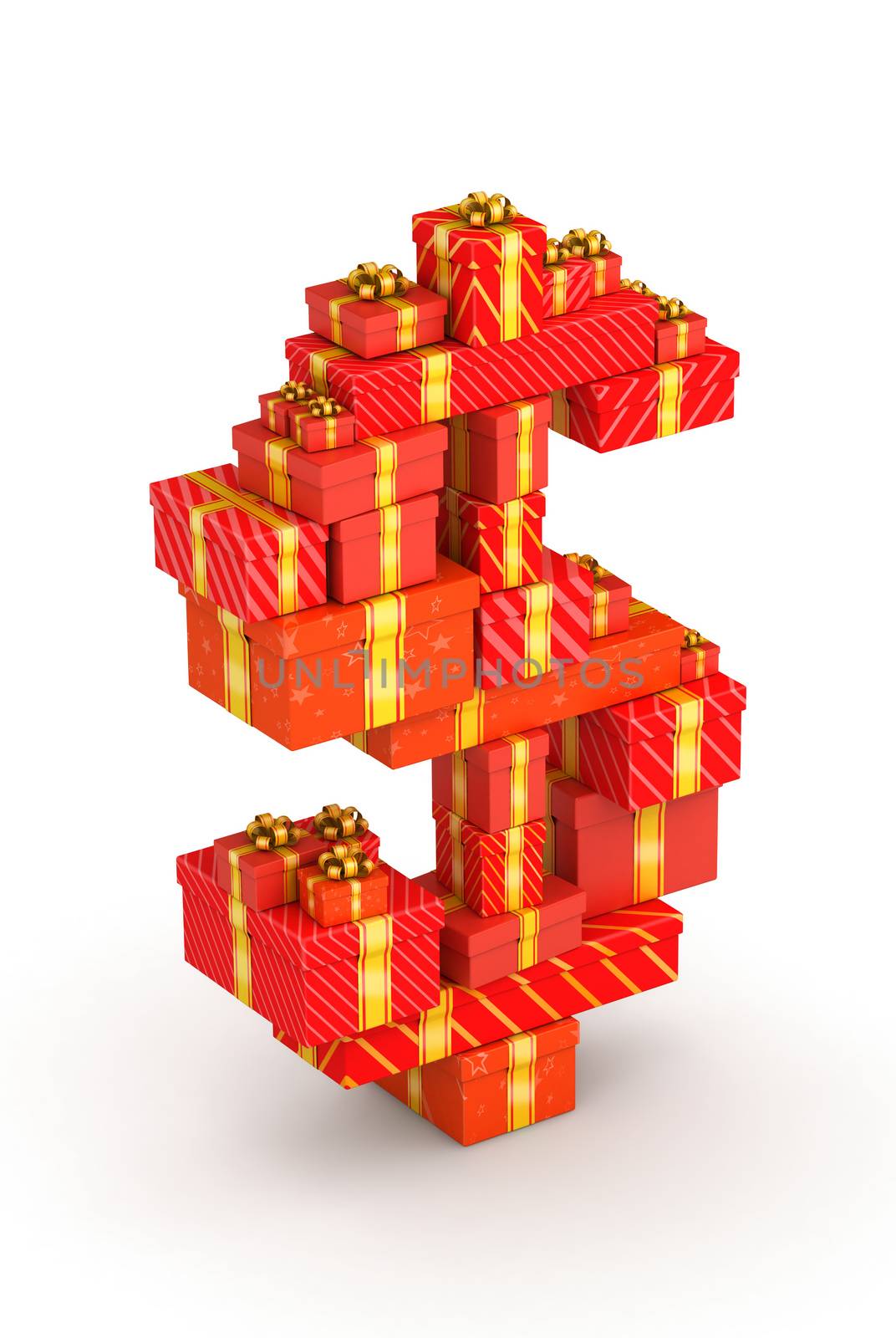 Dollar sign from gift boxes in isometric decorated with yellow ribbons