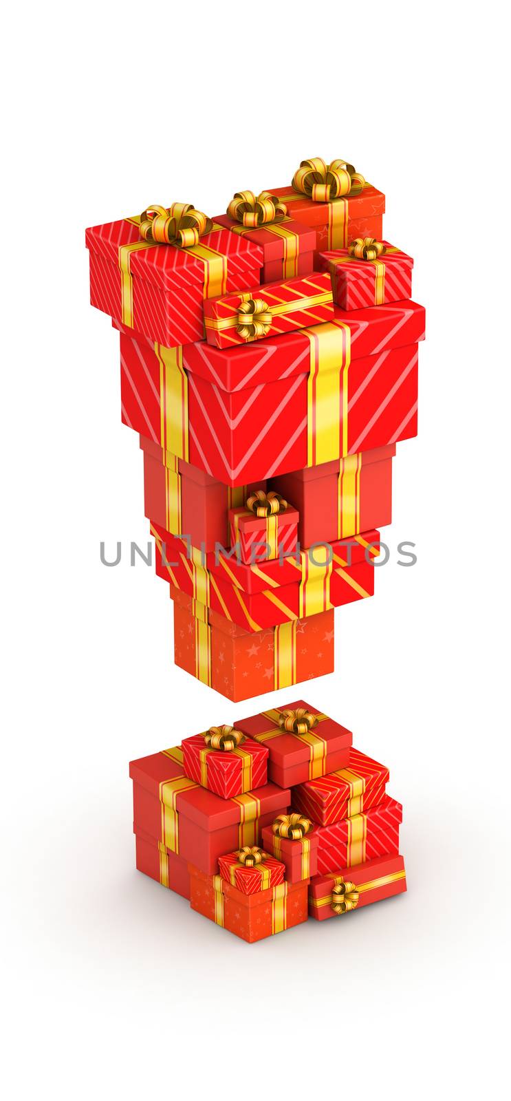 Exclamation mark from gift boxes in isometric decorated with yellow ribbons