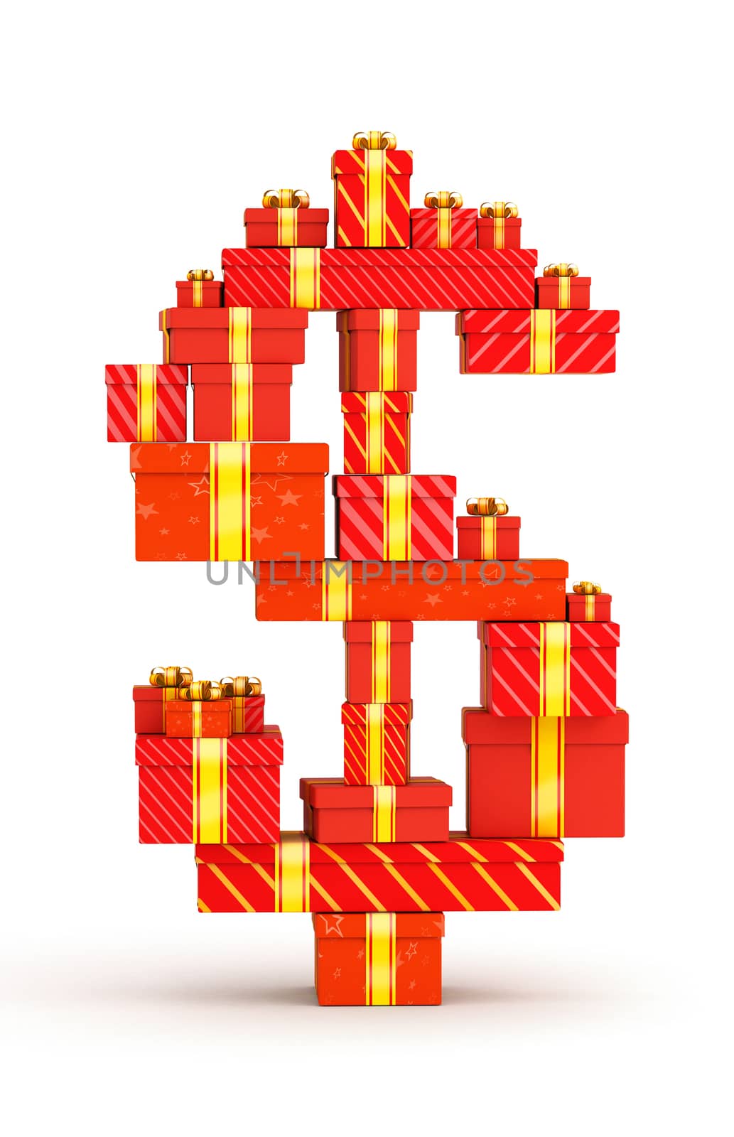 Dollar sign from gift boxes decorated with yellow ribbons