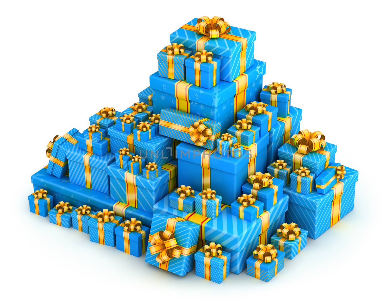 Pyramid pile of blue gift box with yellow ribbons