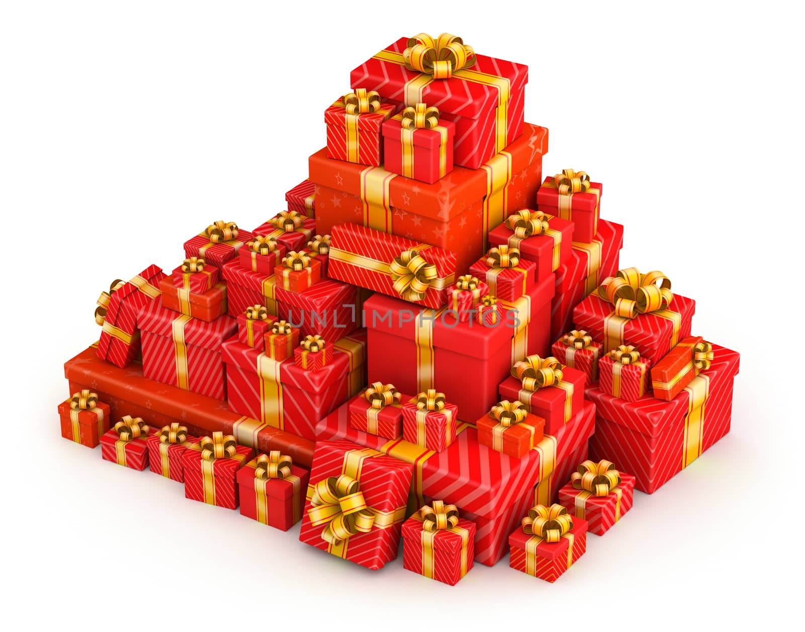 Pyramid pile of red gift box with yellow ribbons