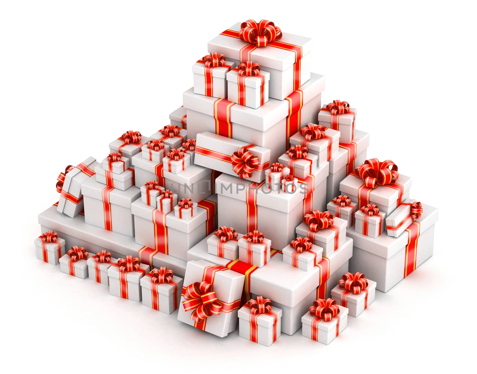 Big pyramid pile of white gift box with red ribbons