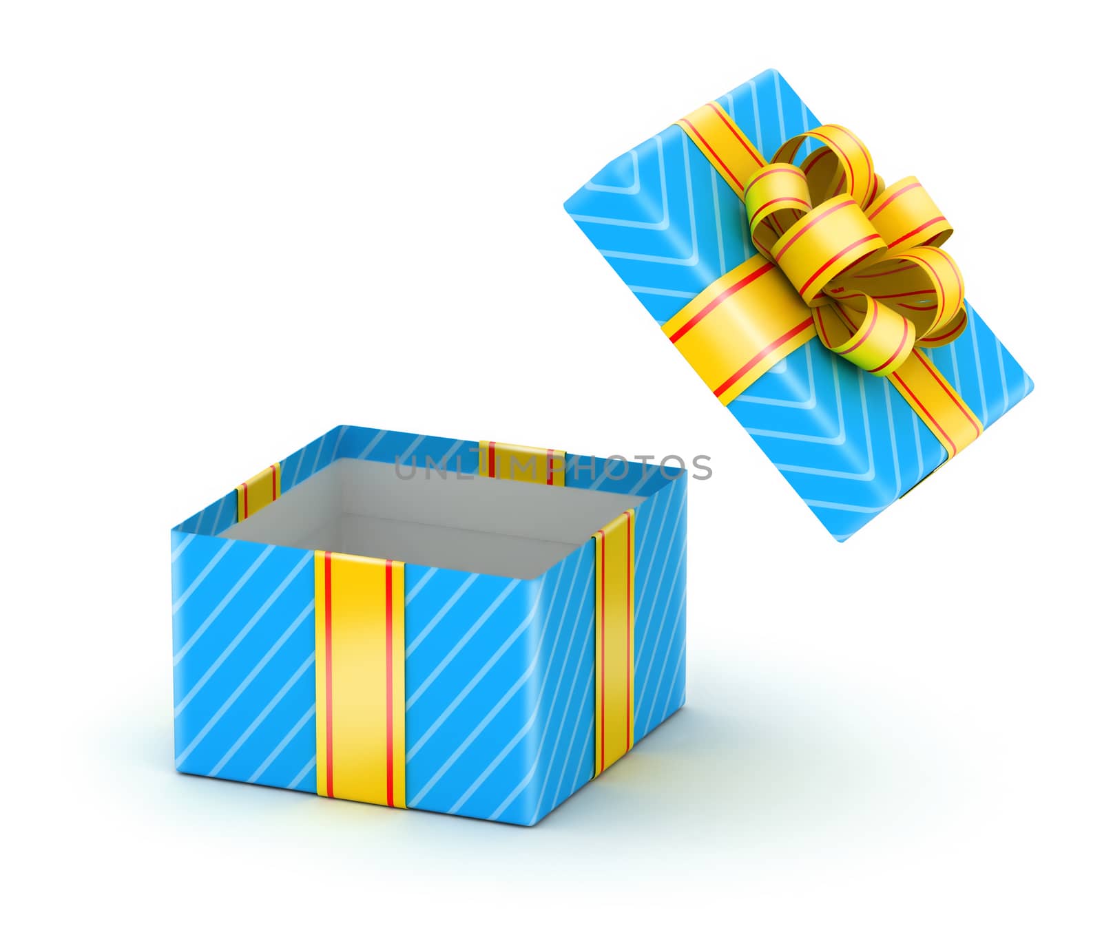 Opened blue gift box with gold ribbons on white background