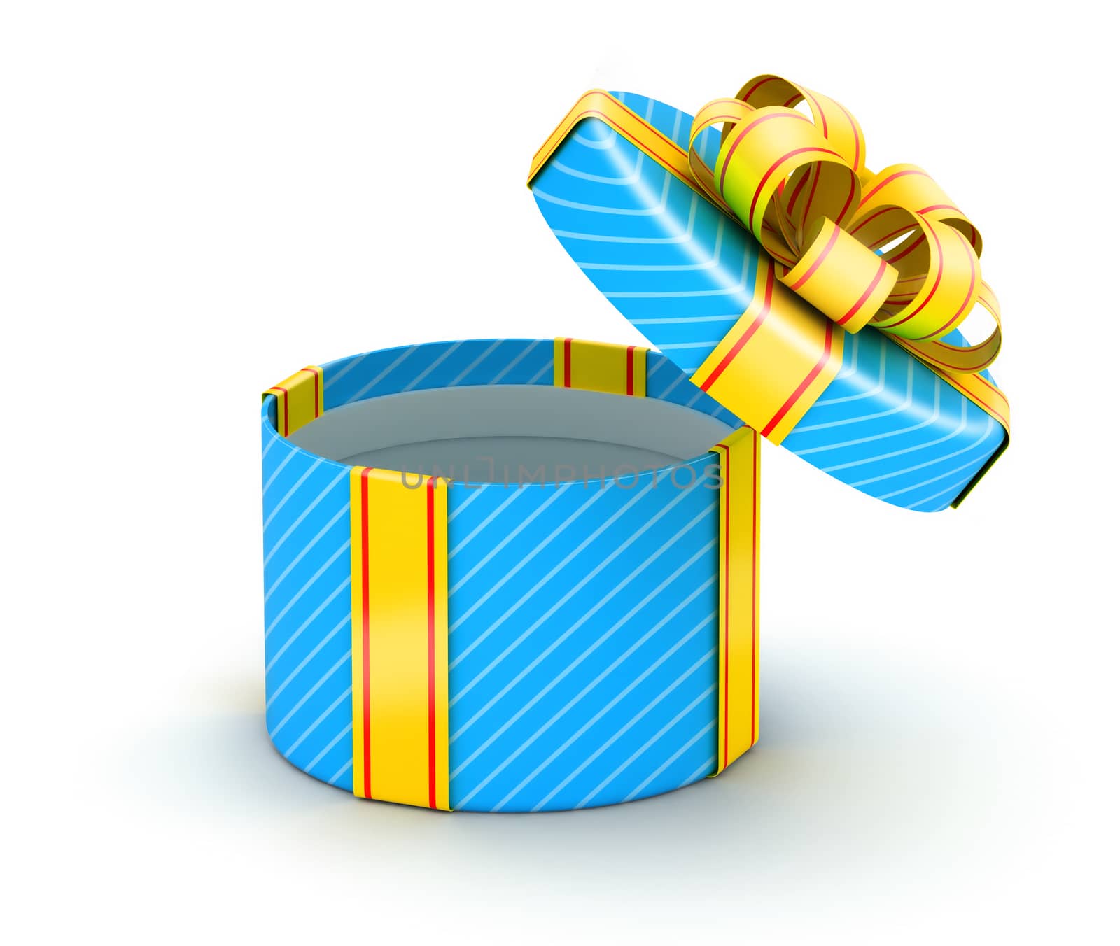 Opened blue gift box with gold ribbons on white background