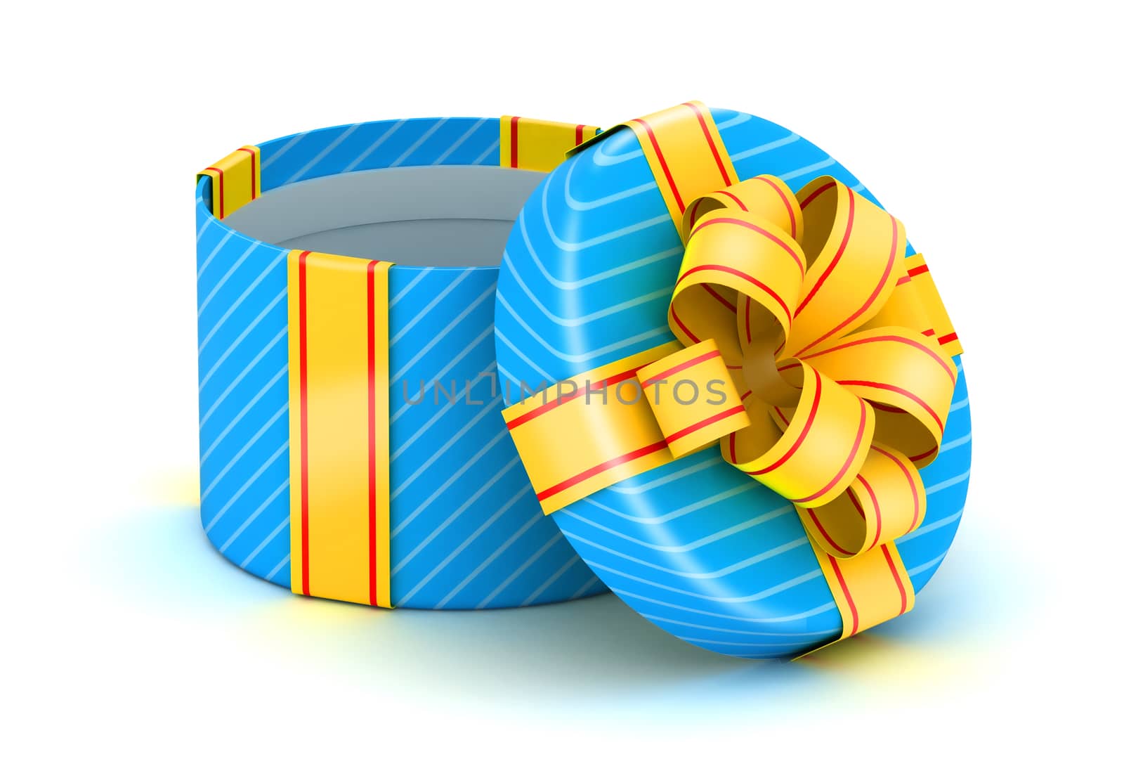 Opened blue gift box with gold ribbons on white background