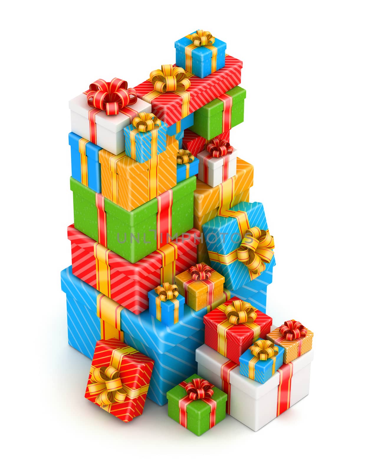 Tall stack of colored gift boxes on white background